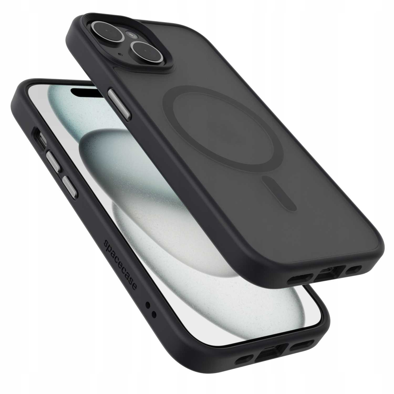 Dwa czarne etui na telefon ułożone jedno na drugim. Jedno ma telefon w środku, wyświetlający białe tło.