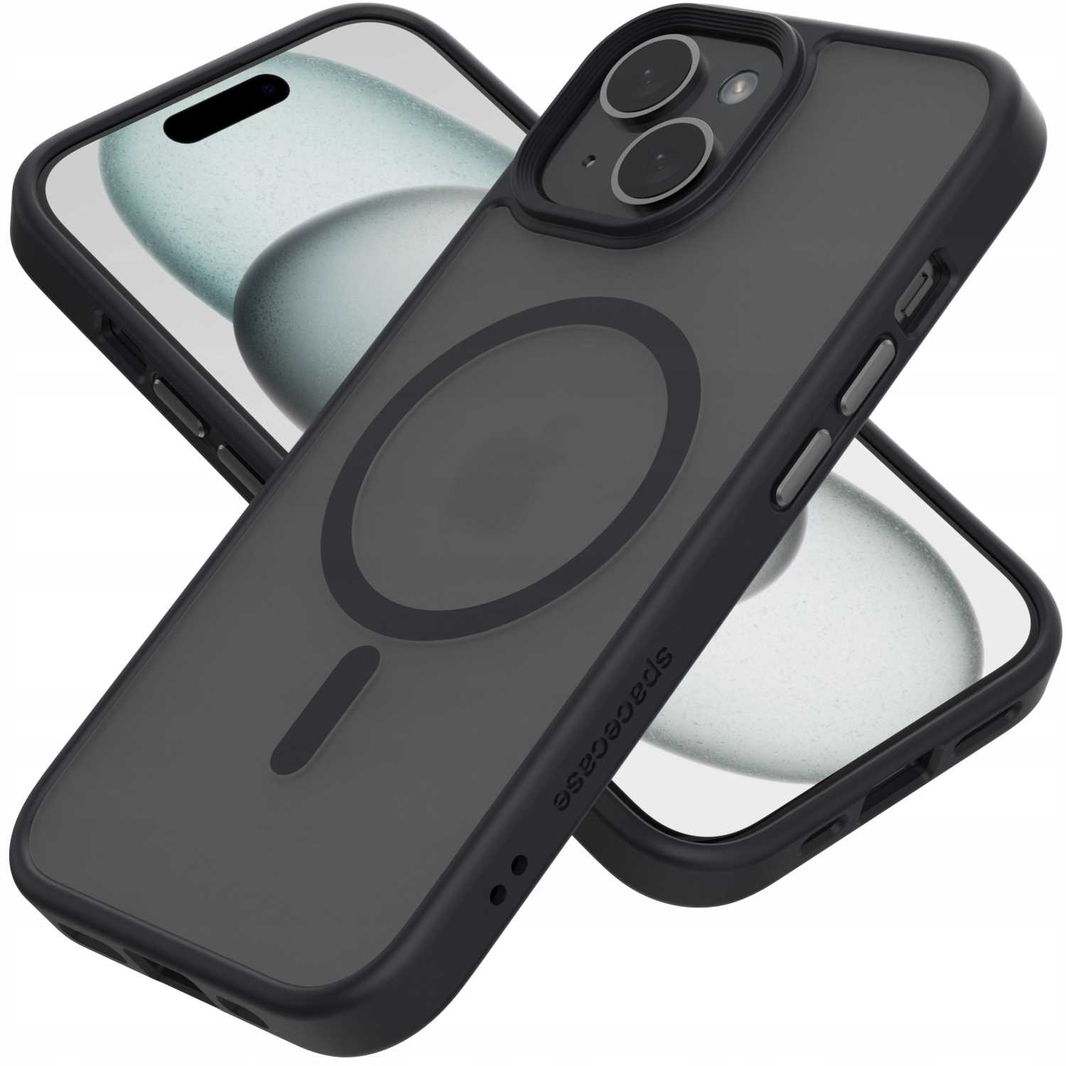 Ciemnoszara obudowa telefonu z telefonem w środku. Widoczne logo Apple. Czarna ramka i obszar aparatu. Logo Spacecase.