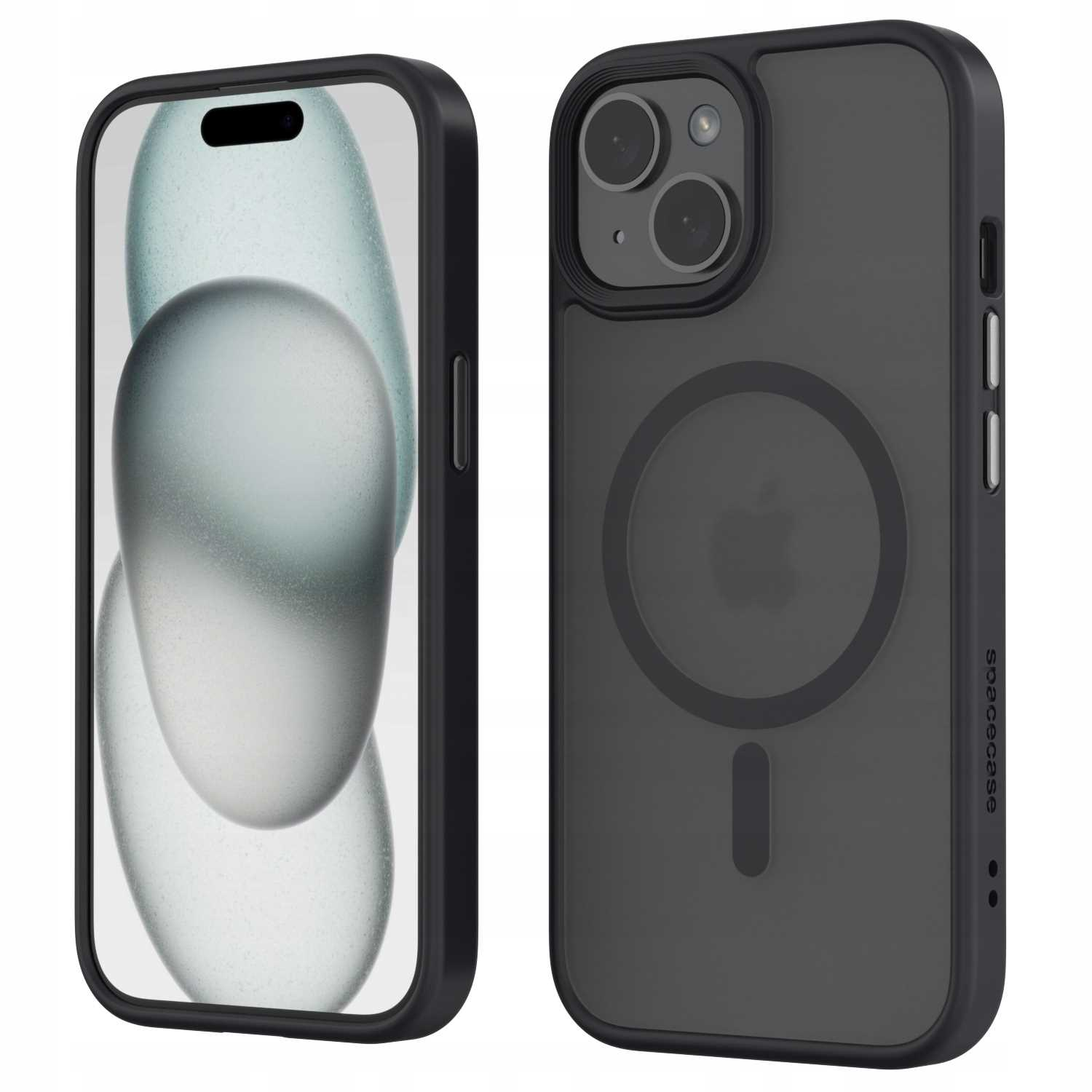 Dwa telefony z etui. Jeden pokazuje ekran, drugi czarne etui z logo Apple.