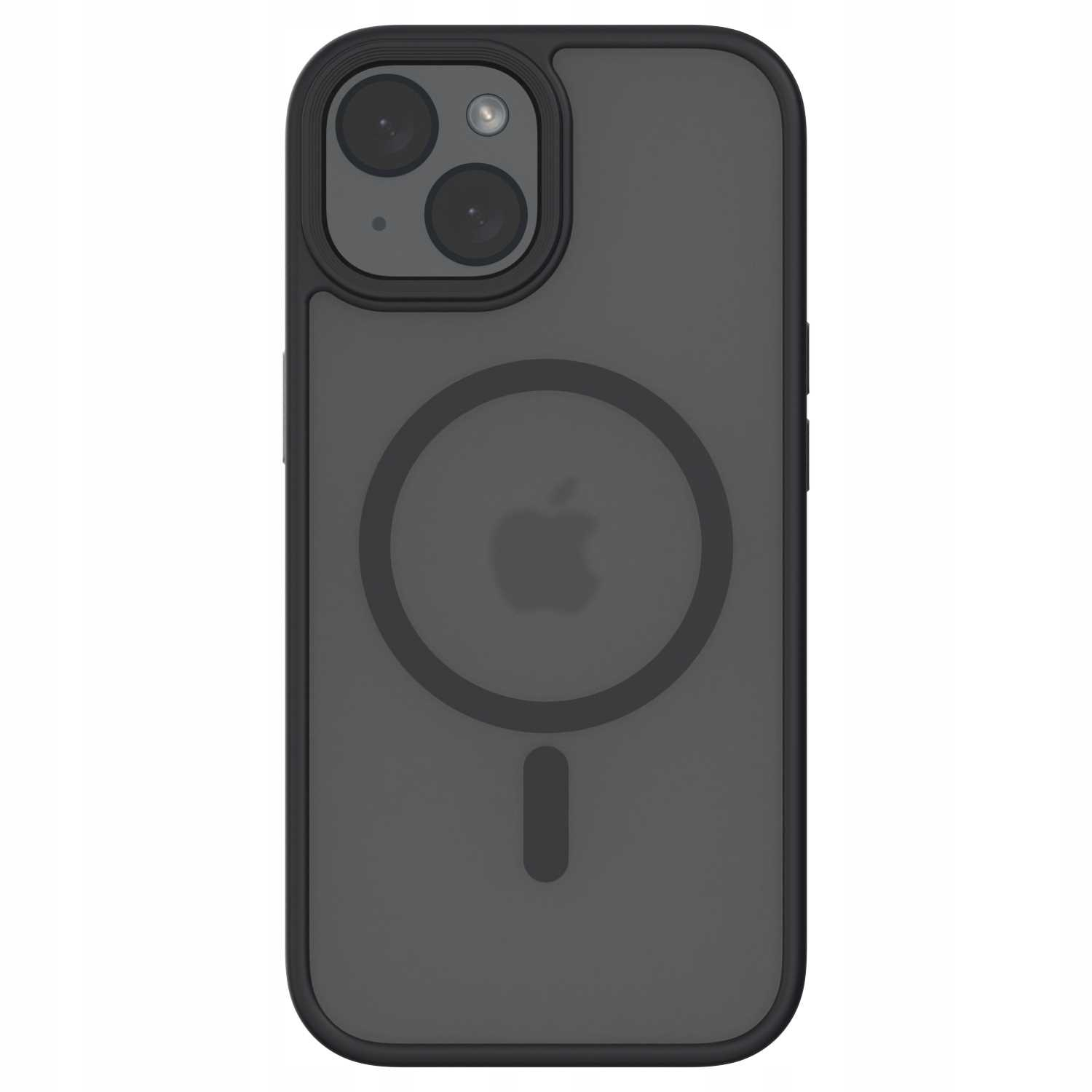 Ciemnoszara obudowa telefonu z czarną ramką. Widoczne logo Apple. Czarny obszar aparatu.