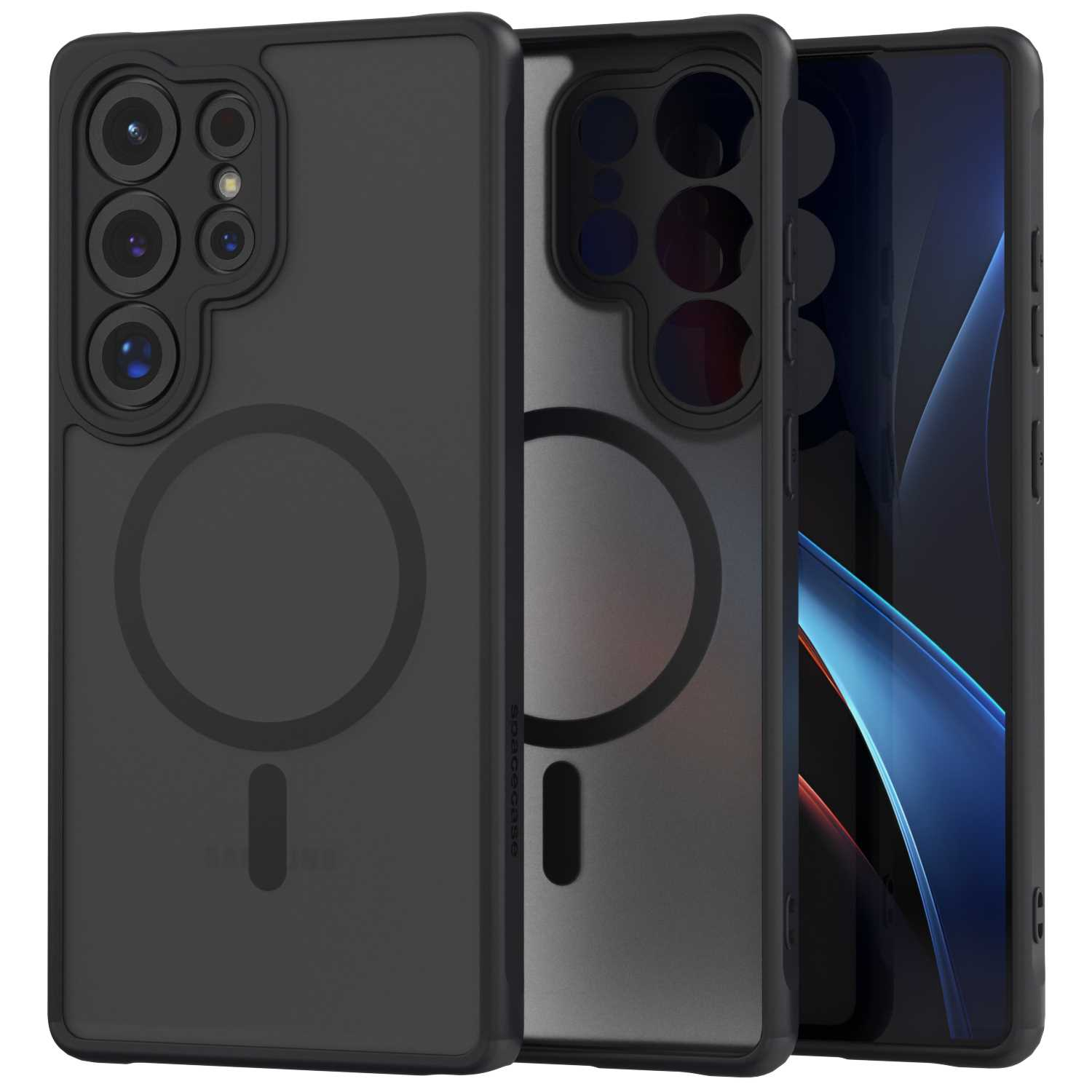 Etui na telefon, jedno z telefonem w środku, pokazujące aparat. Telefon w tle jest widoczny.