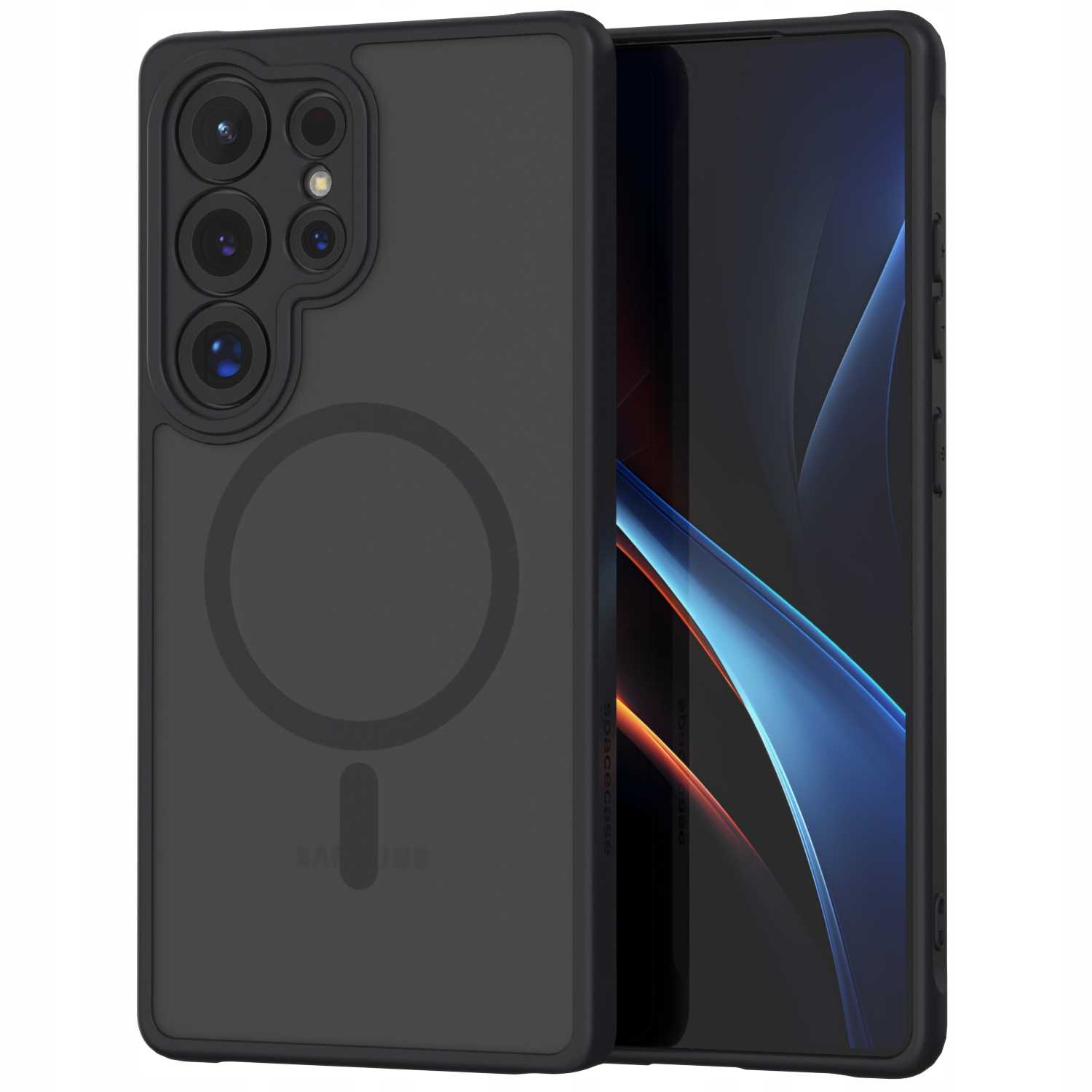 Czarne etui na telefon z pierścieniem magsafe i telefonem w środku.