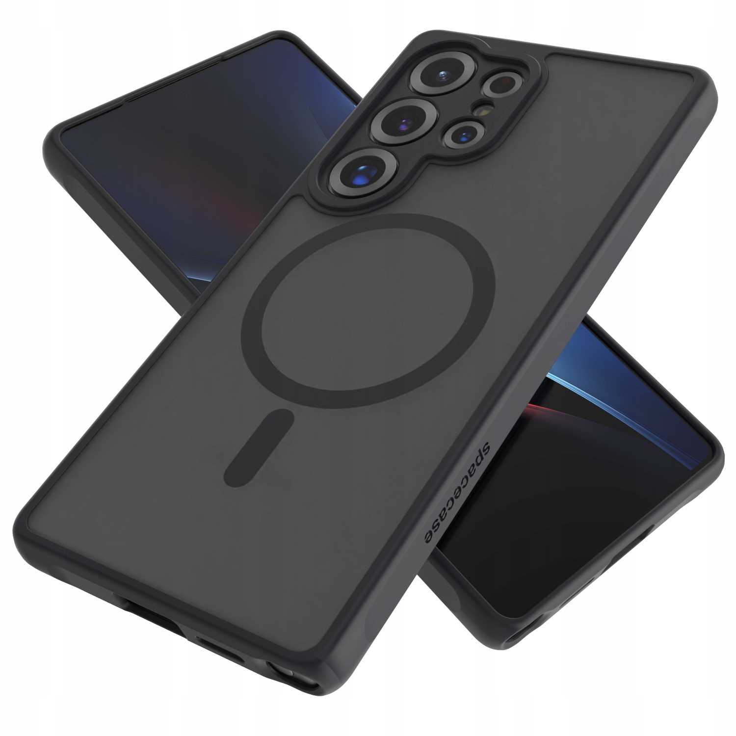 Dwa telefony z etui, przezroczyste. Etui pokazuje telefon. Logo Apple i magnetyczny okrąg na etui.