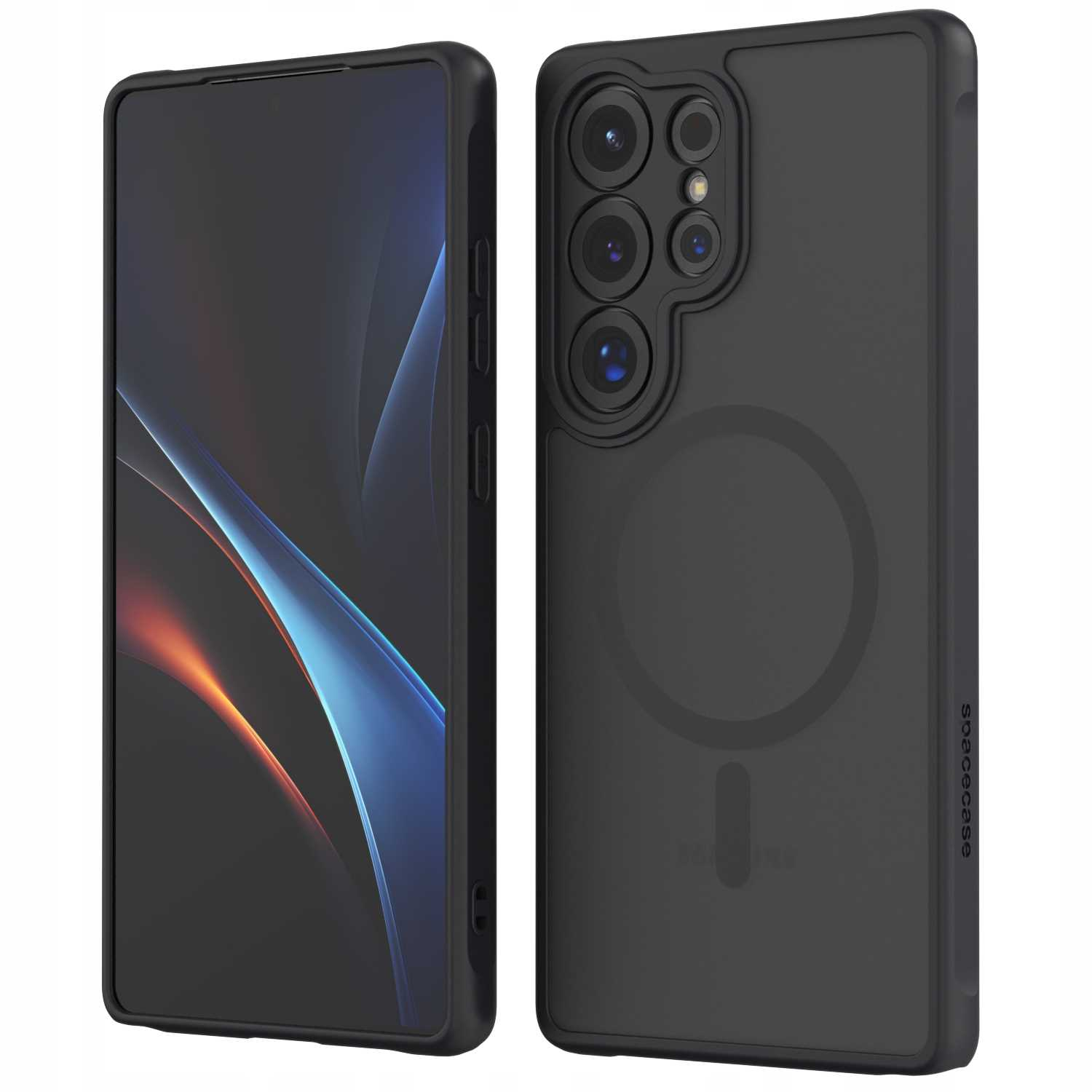 Dwa telefony na wystawie. Jeden z czarnym etui po prawej, drugi pokazuje ekran.