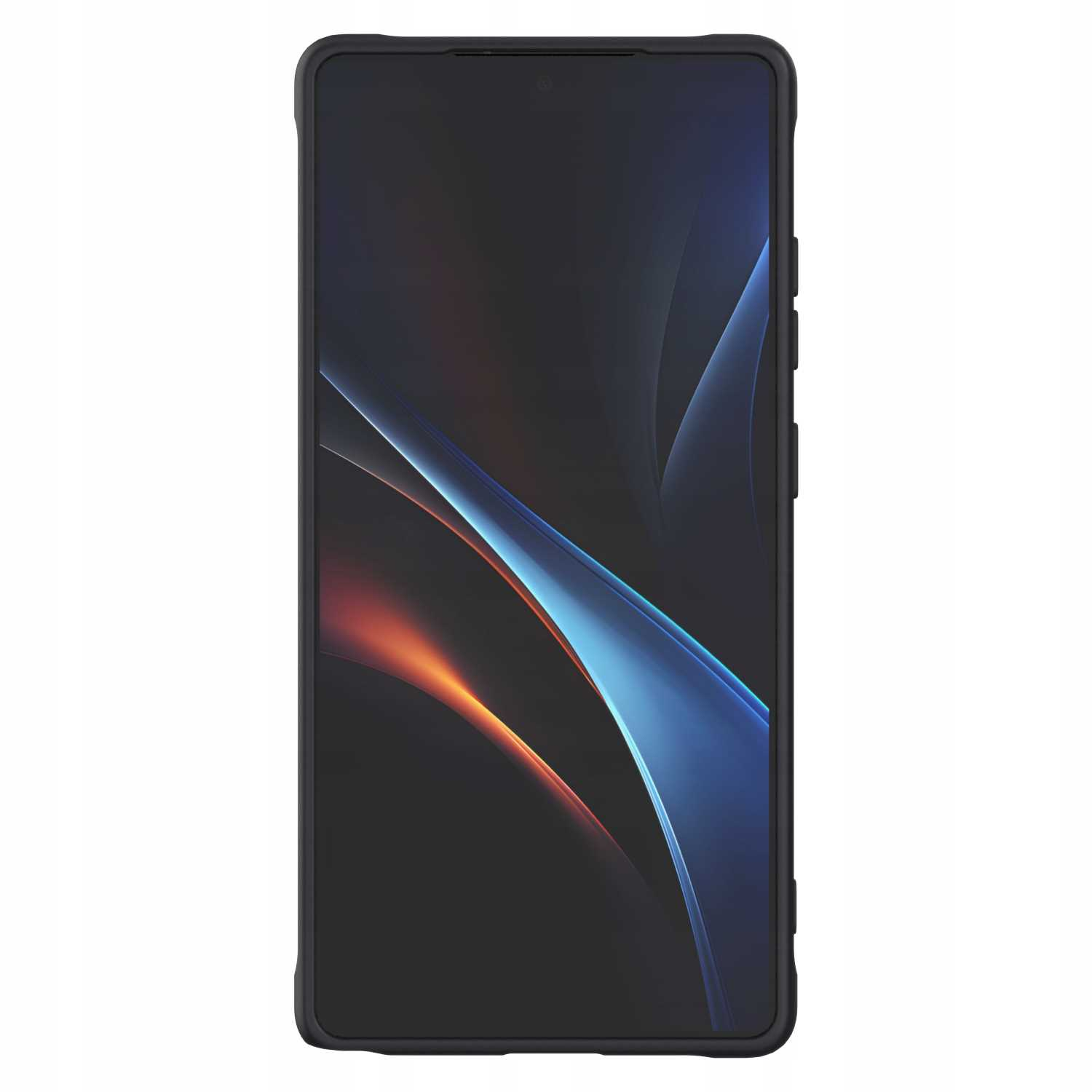 Smartfon z czarnym ekranem i czarnym etui. Ekran wyświetla ciemny, abstrakcyjny wzór.