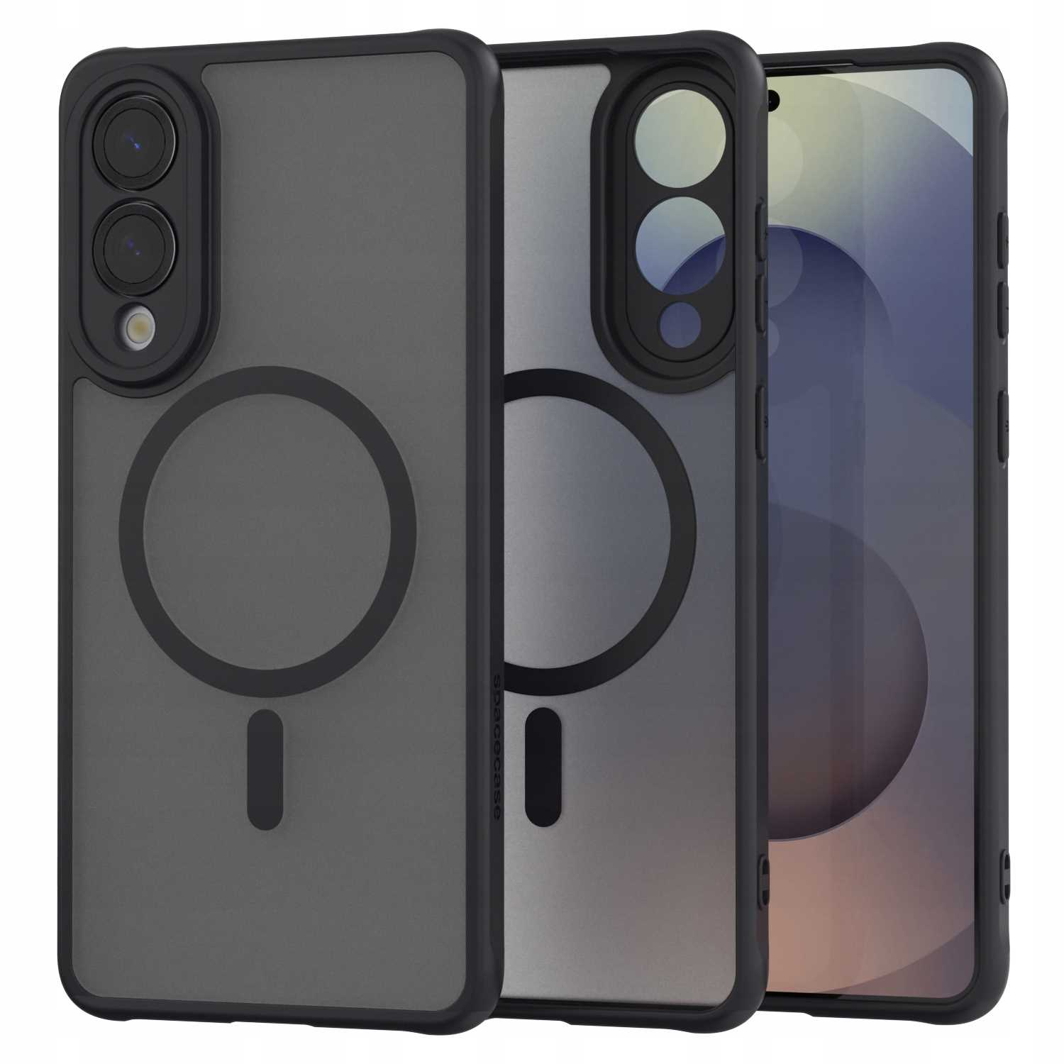 Czarne etui na telefony z telefonem w środku. Widoczne są kamery i marka Spacecase.