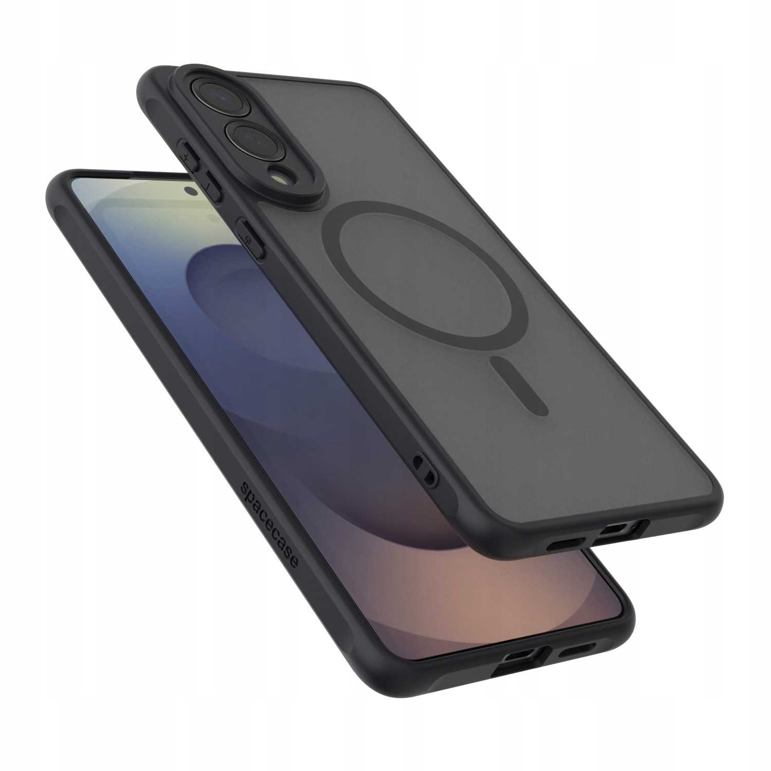 Czarne etui z magnetycznym pierścieniem i wycięciami na aparat, nad ekranem.