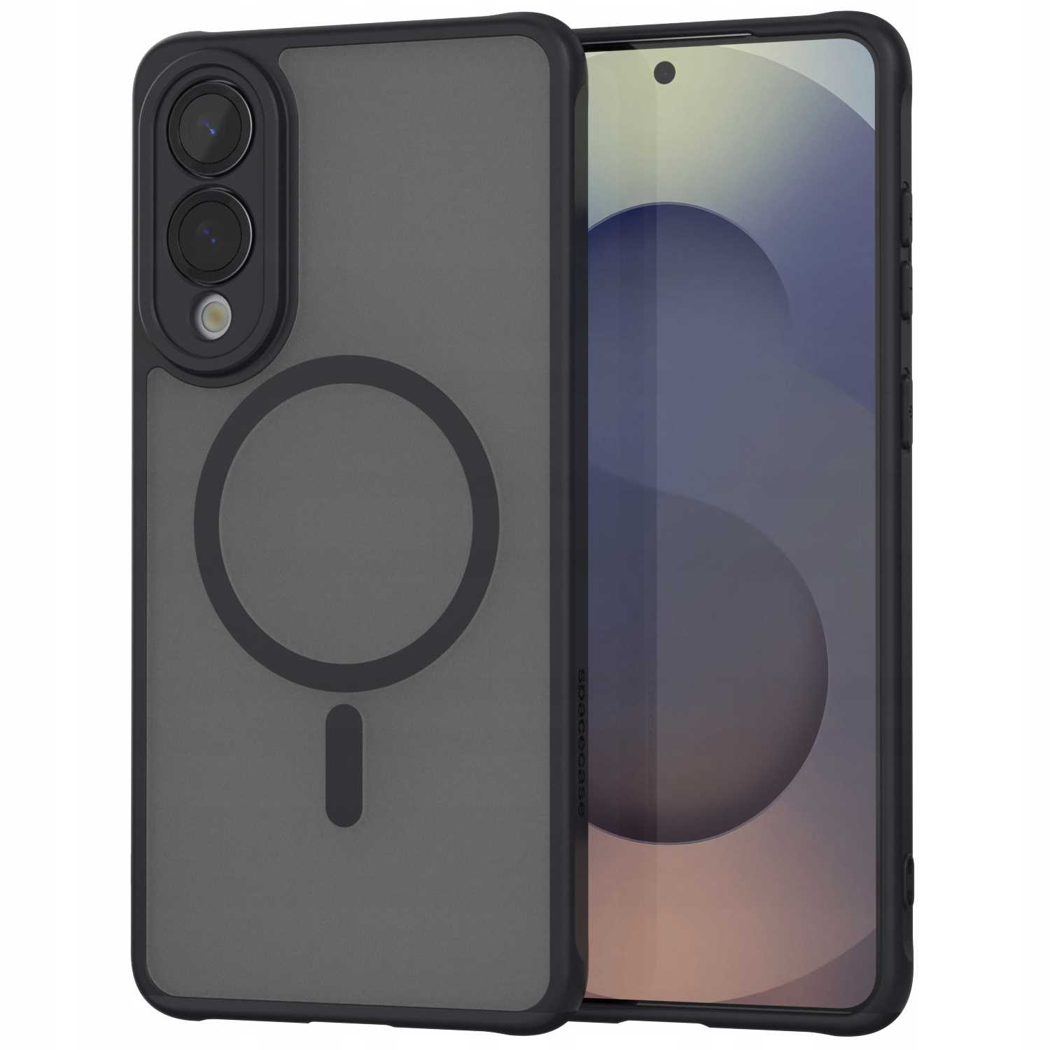 Czarne etui z magnetycznym pierścieniem i wycięciami na aparat, nad ekranem.