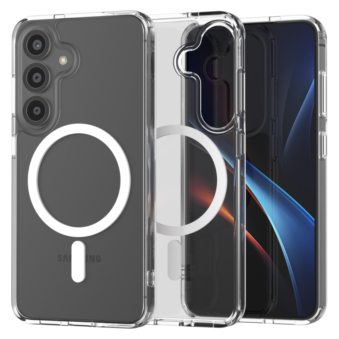 Przezroczyste etui na telefon z telefonem w środku. Widoczne są kamery i marka Samsung.