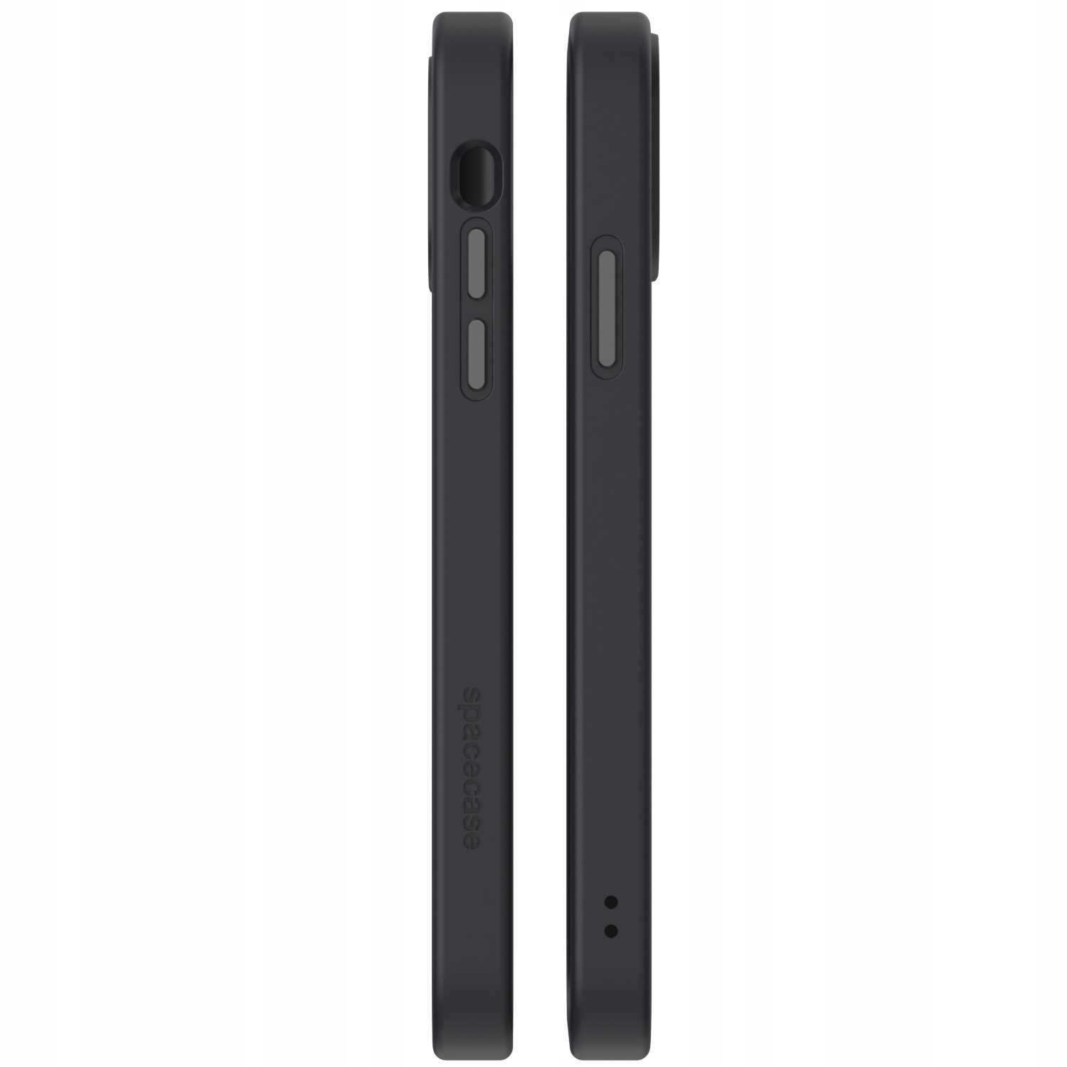 Dwa widoki z boku czarnego etui na telefon z marką 'spacecase'.
