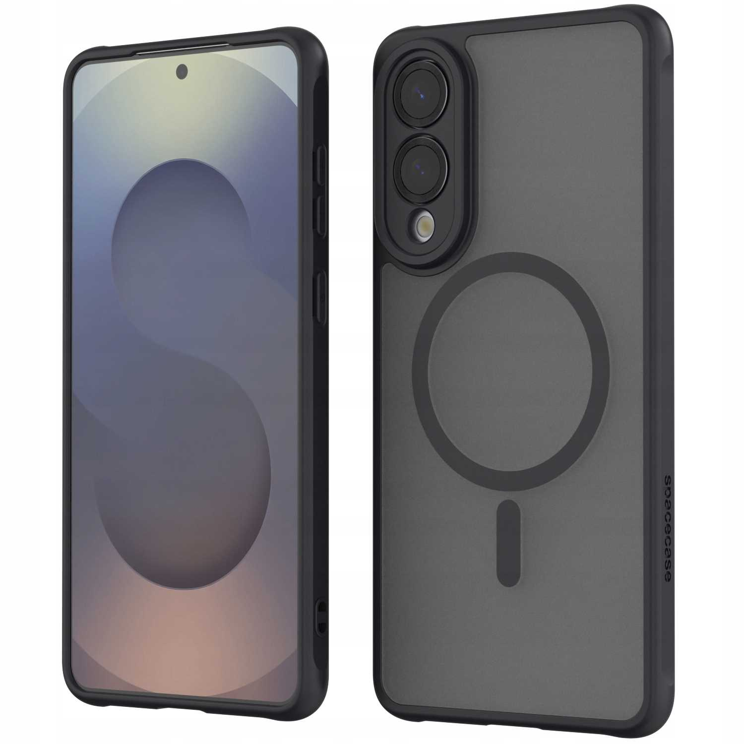 Dwa etui na telefon, jedno po lewej ze ekranem, a drugie po prawej z okręgiem.