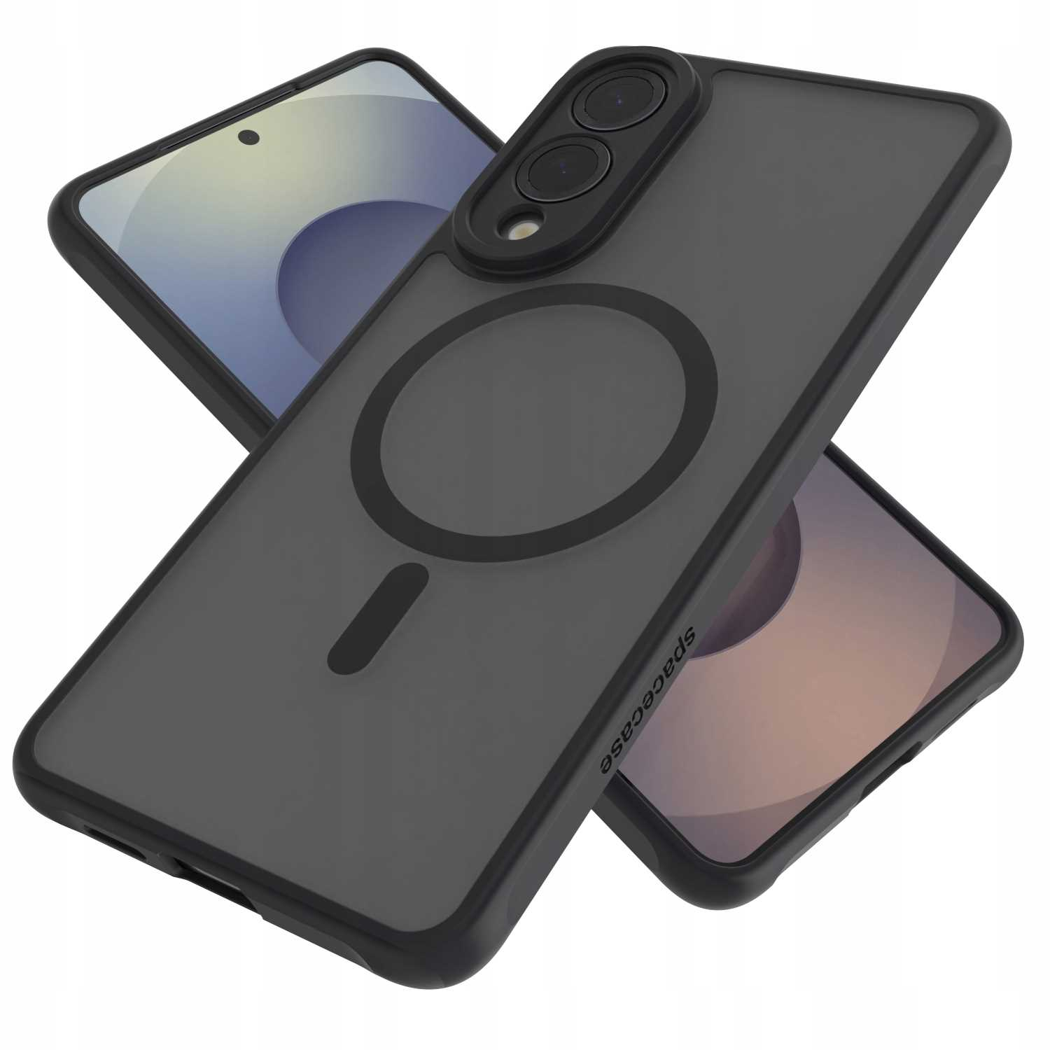 Czarne etui na telefon z telefonem w środku. Widoczna jest kamera i marka Spacecase.