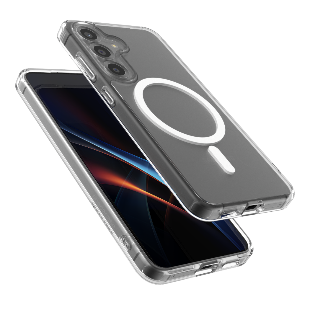 Przezroczyste etui na telefon z okręgiem na plecach. W środku jest telefon.