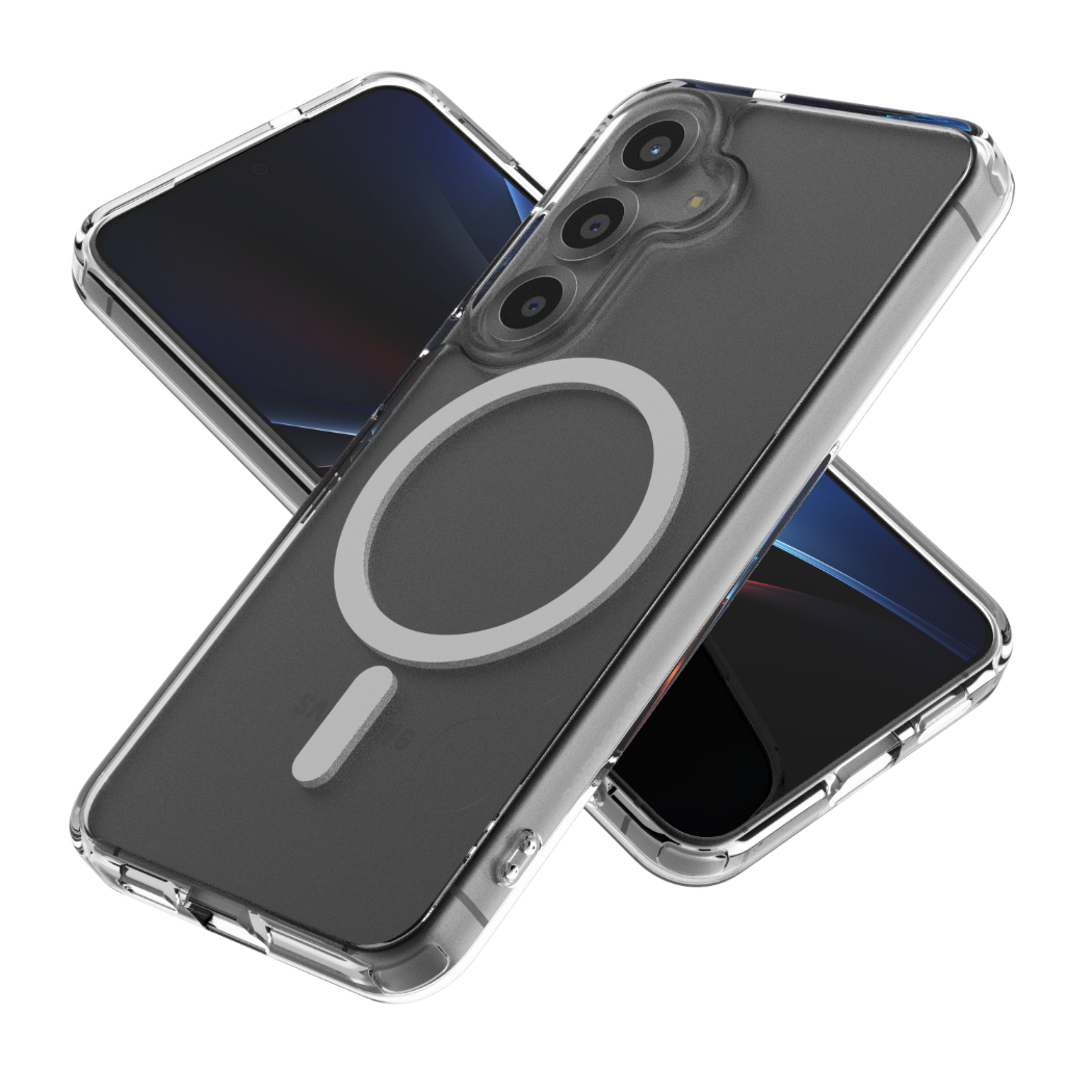 Dwa telefony w przezroczystych etui. Etui mają białe koło i logo Samsung.