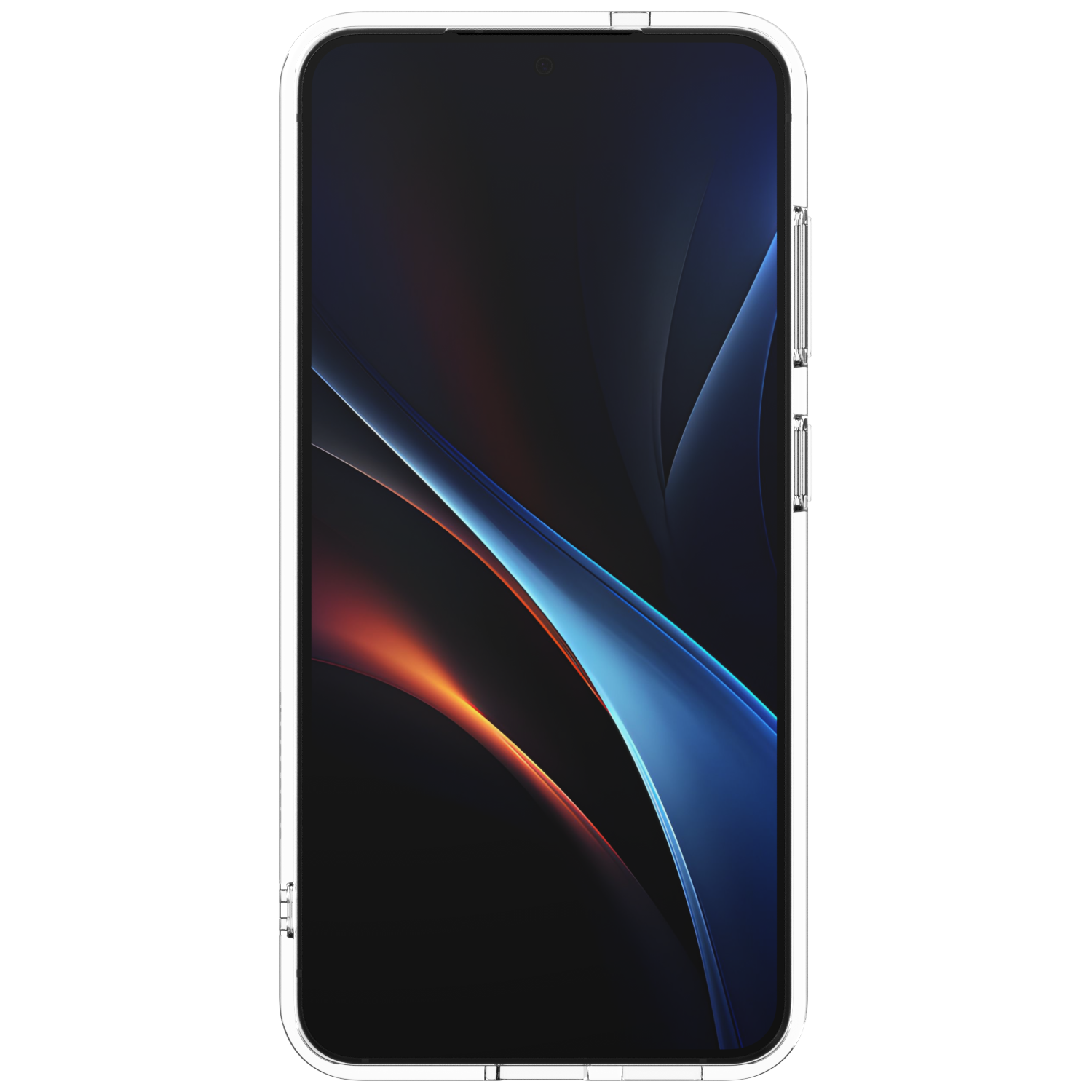 Telefon z przezroczystym etui, wyświetlający ciemną abstrakcyjną tapetę z niebieskimi i pomarańczowymi odcieniami.