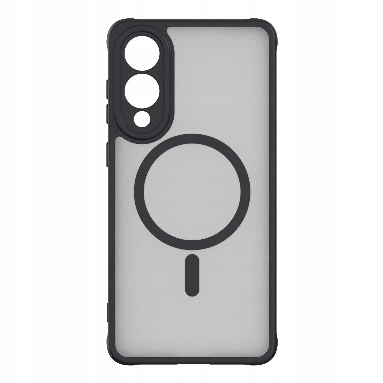 Czarna obudowa telefonu z trzema otworami na aparat, okręgiem i znakiem minus.