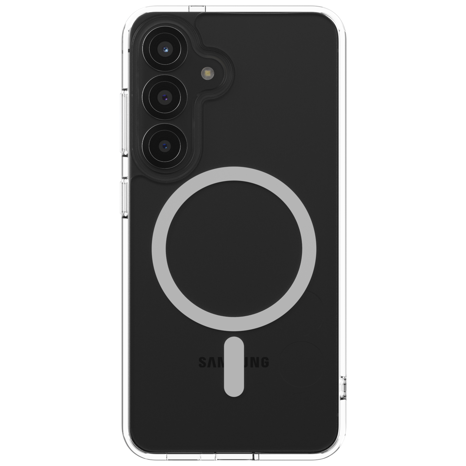 Przezroczyste etui na telefon z białym okręgiem i napisem Samsung.