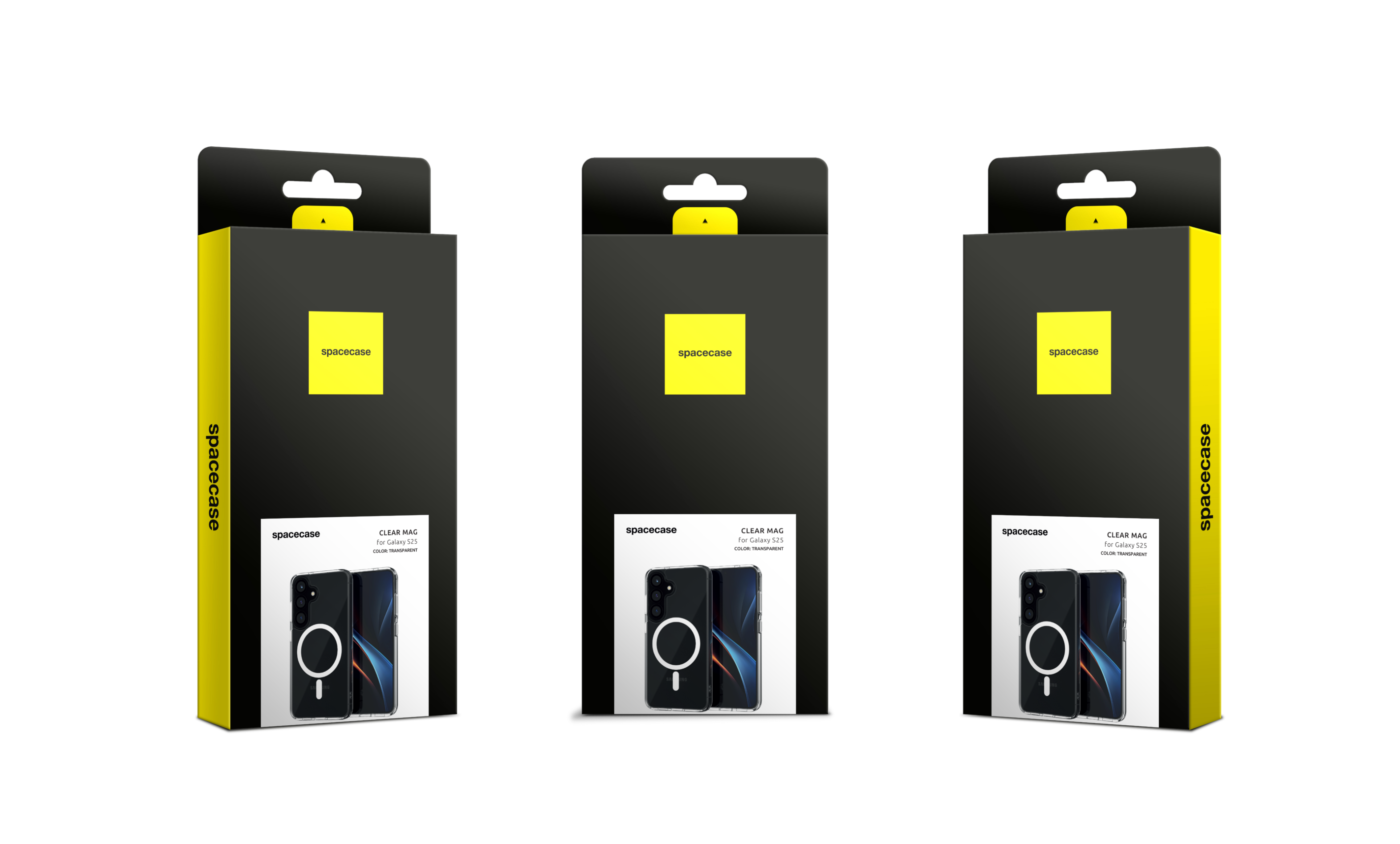 Trzy pudełka, każde z etui na telefon w środku. Czarne i żółte opakowanie ze zdjęciem telefonu.