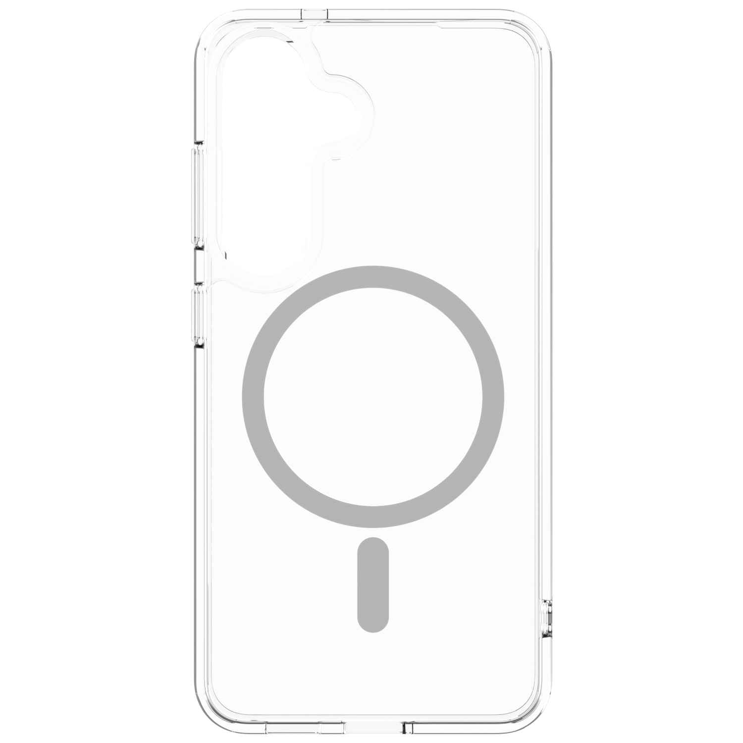 Przezroczyste etui z szarym okręgiem i znakiem minus. Bez telefonu w środku.