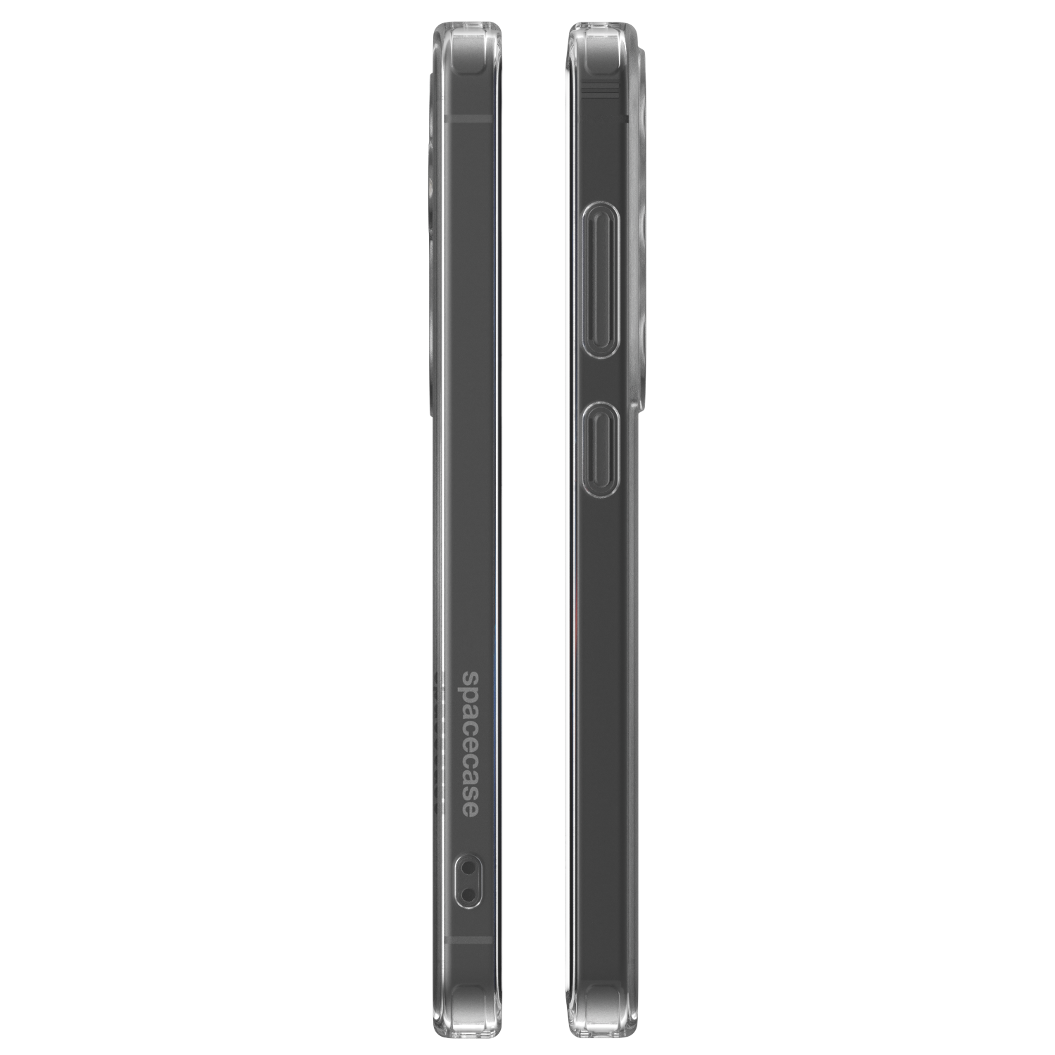 Dwa przezroczyste etui na telefon. Lewe etui pokazuje widok z boku, prawe etui pokazuje przyciski.