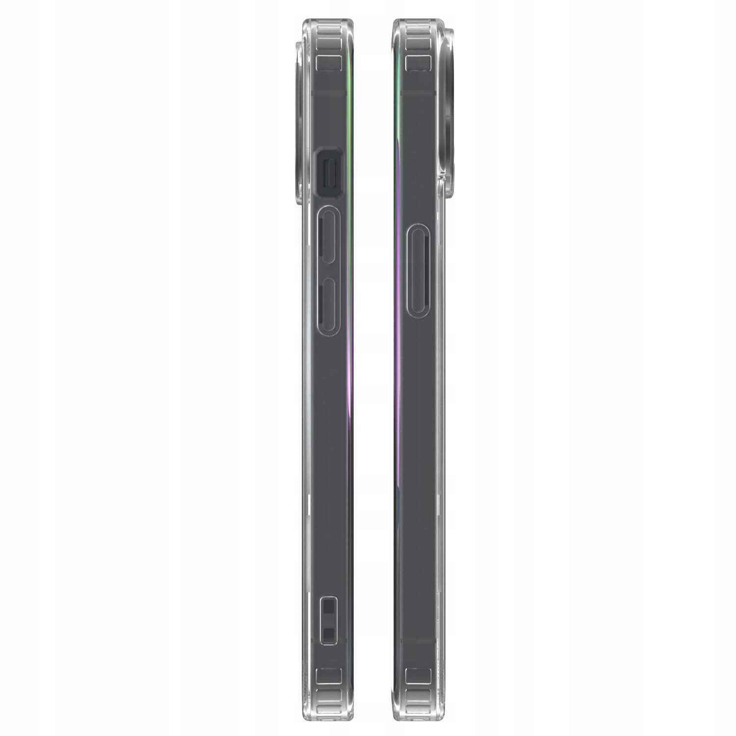 Dwa przezroczyste etui obok siebie, pokazujące widok z boku przycisków i krawędzi telefonu.