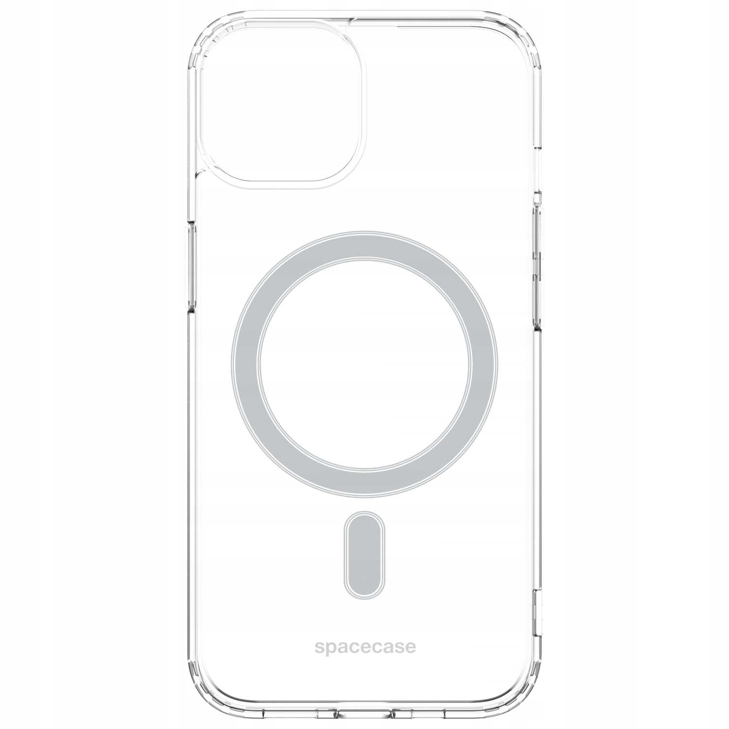 Przezroczyste etui na telefon z okrągłym designem MagSafe i prostokątnym wycięciem.