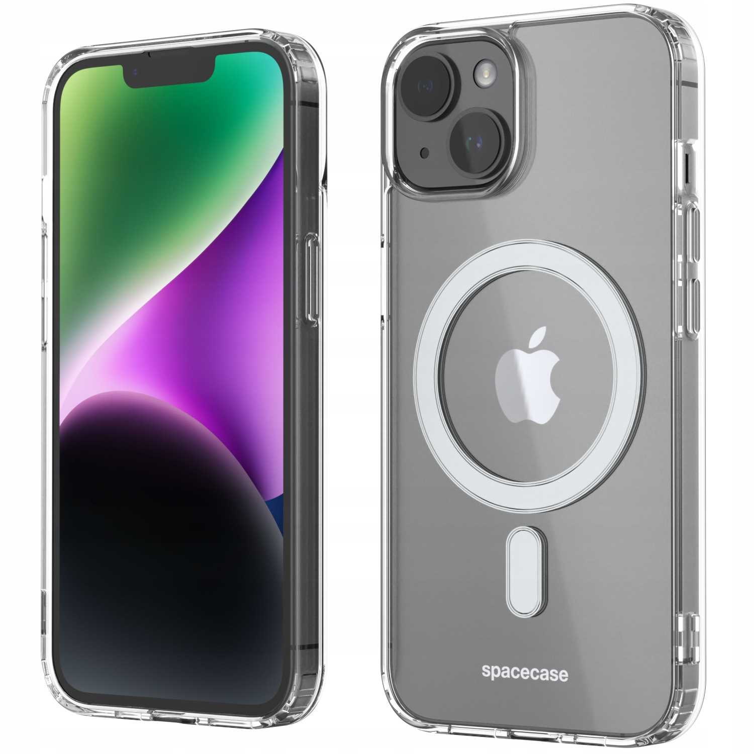 Telefon z etui wyświetlającym ekran. Etui jest przezroczyste z pierścieniem magnetycznym, a telefon jest widoczny.