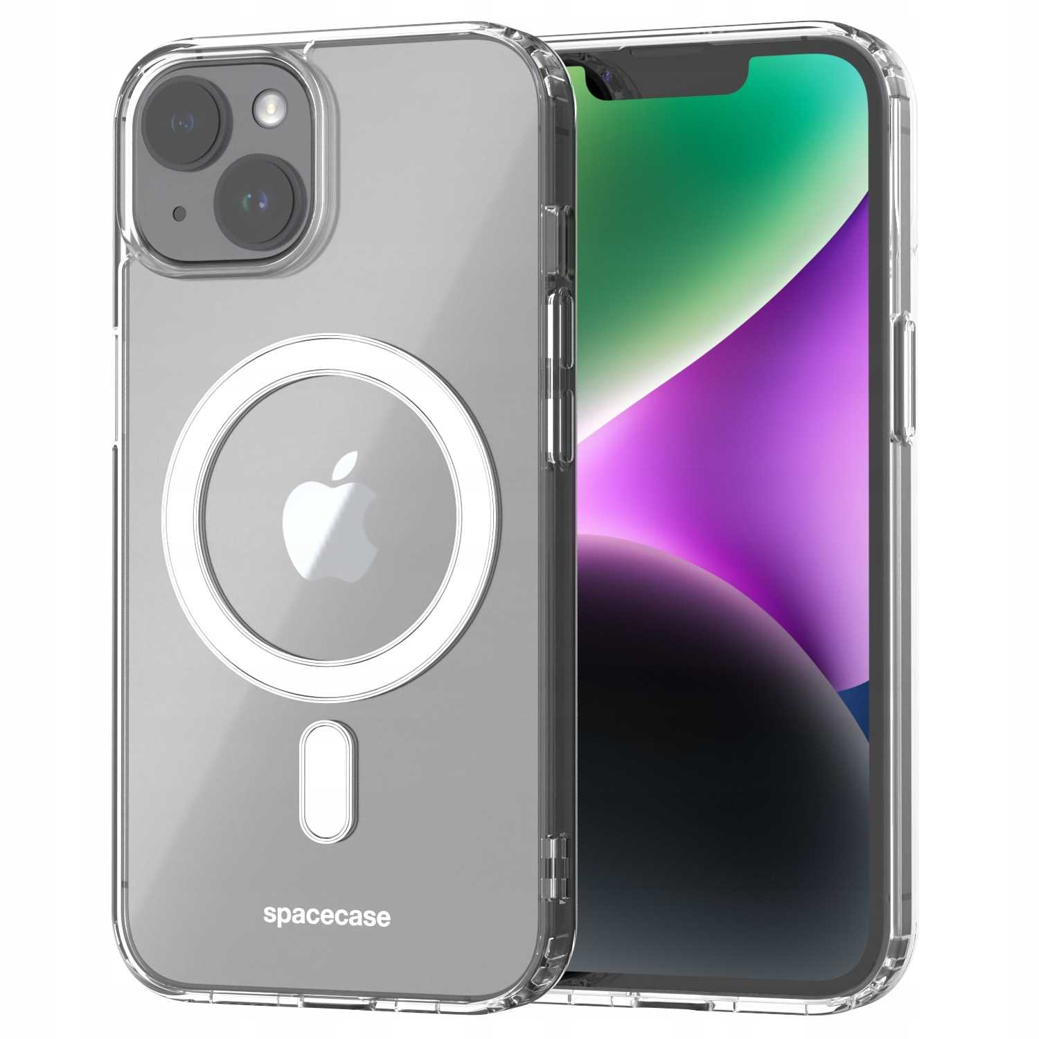 Przezroczyste etui na telefon z telefonem w środku. Telefon wyświetla zielono-fioletowy obraz.