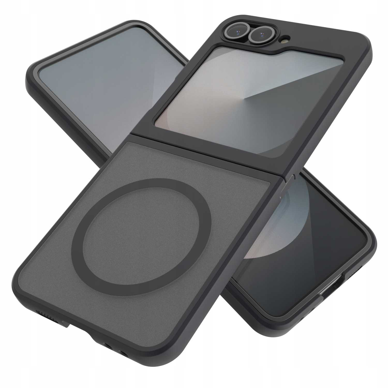 Dwa czarne telefony składane. Jeden otwarty, pokazujący ekran, i jeden zamknięty. Oba w etui.