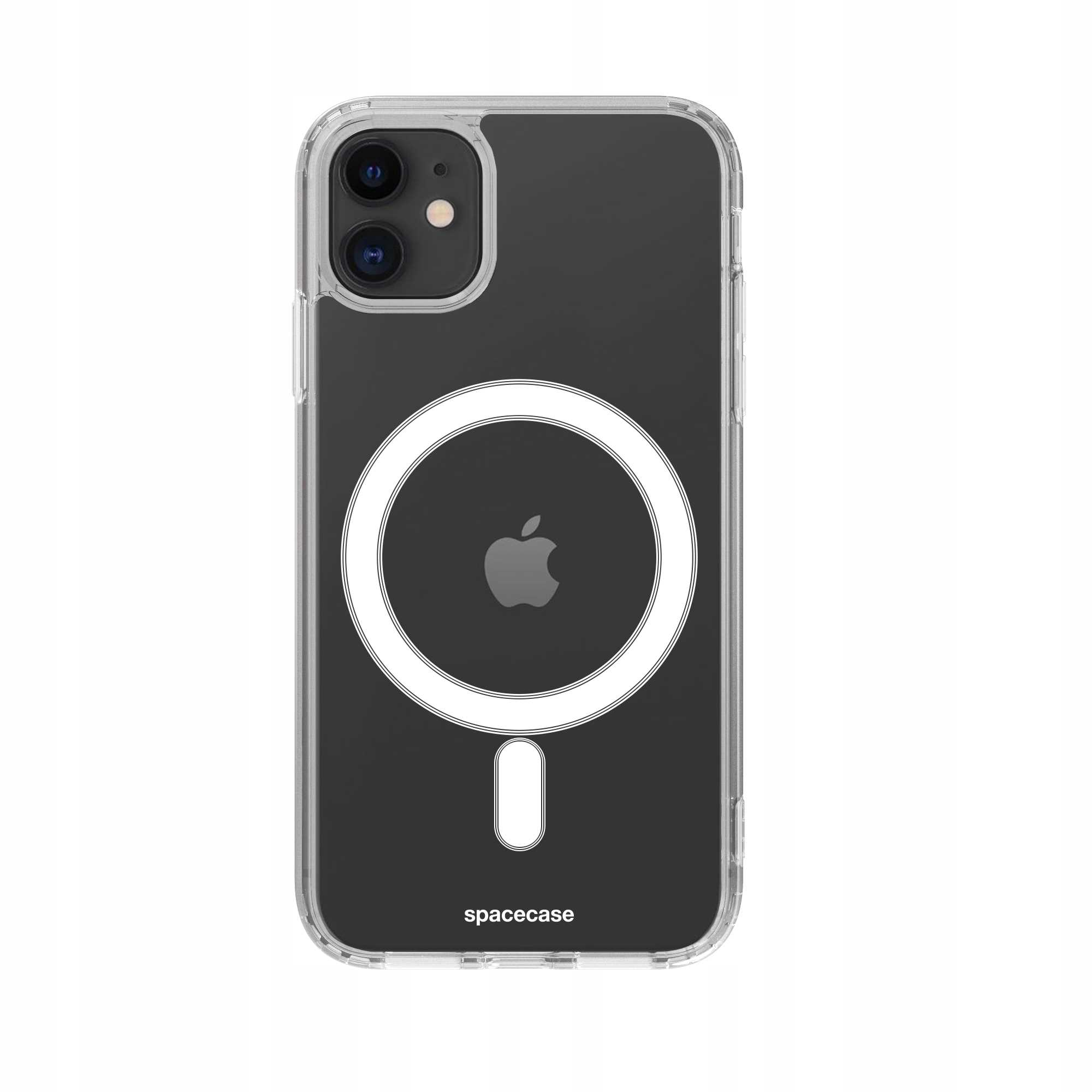 Przezroczyste etui z białym okręgiem i logo Apple. Telefon jest czarny.