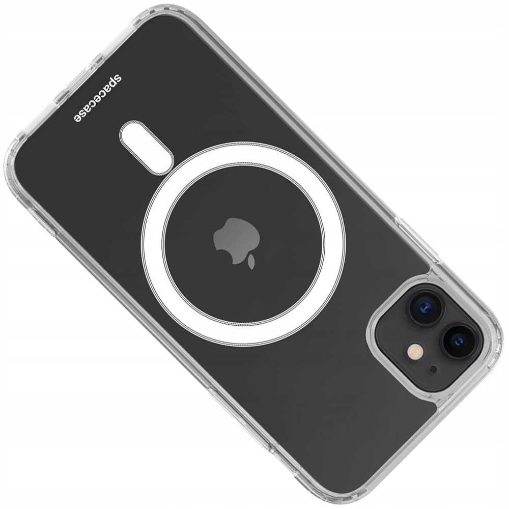 Przezroczyste etui na telefon z czarnym tyłem, logo Apple oraz okręgiem i linią.