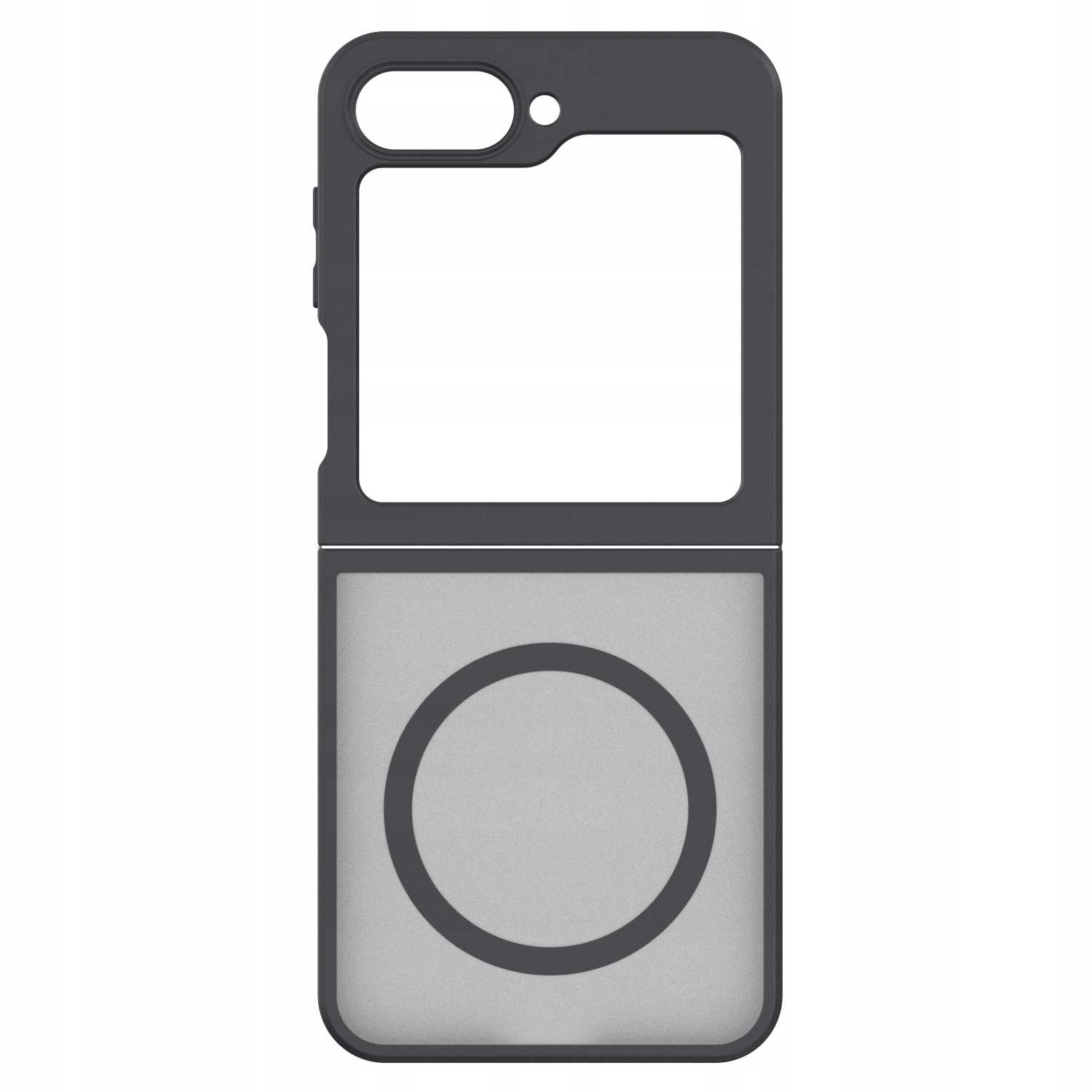 Czarne etui na telefon złożone na pół. Górna połowa ma wycięcie na aparat, dolna ma okrąg.