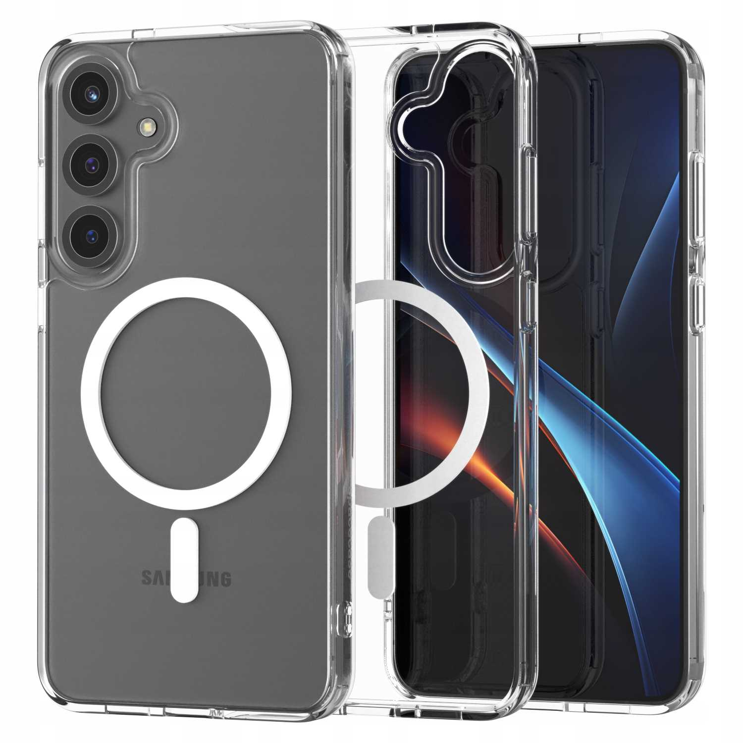 Przezroczyste etui z białym pierścieniem i czarnym telefonem w środku. Telefon to Samsung. Etui ma magnetyczny pierścień.