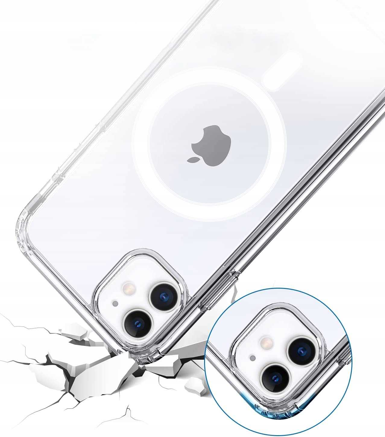 Przezroczyste etui na telefon z telefonem w środku. Telefon to iPhone. Etui jest pęknięte w rogu i ma logo Apple.