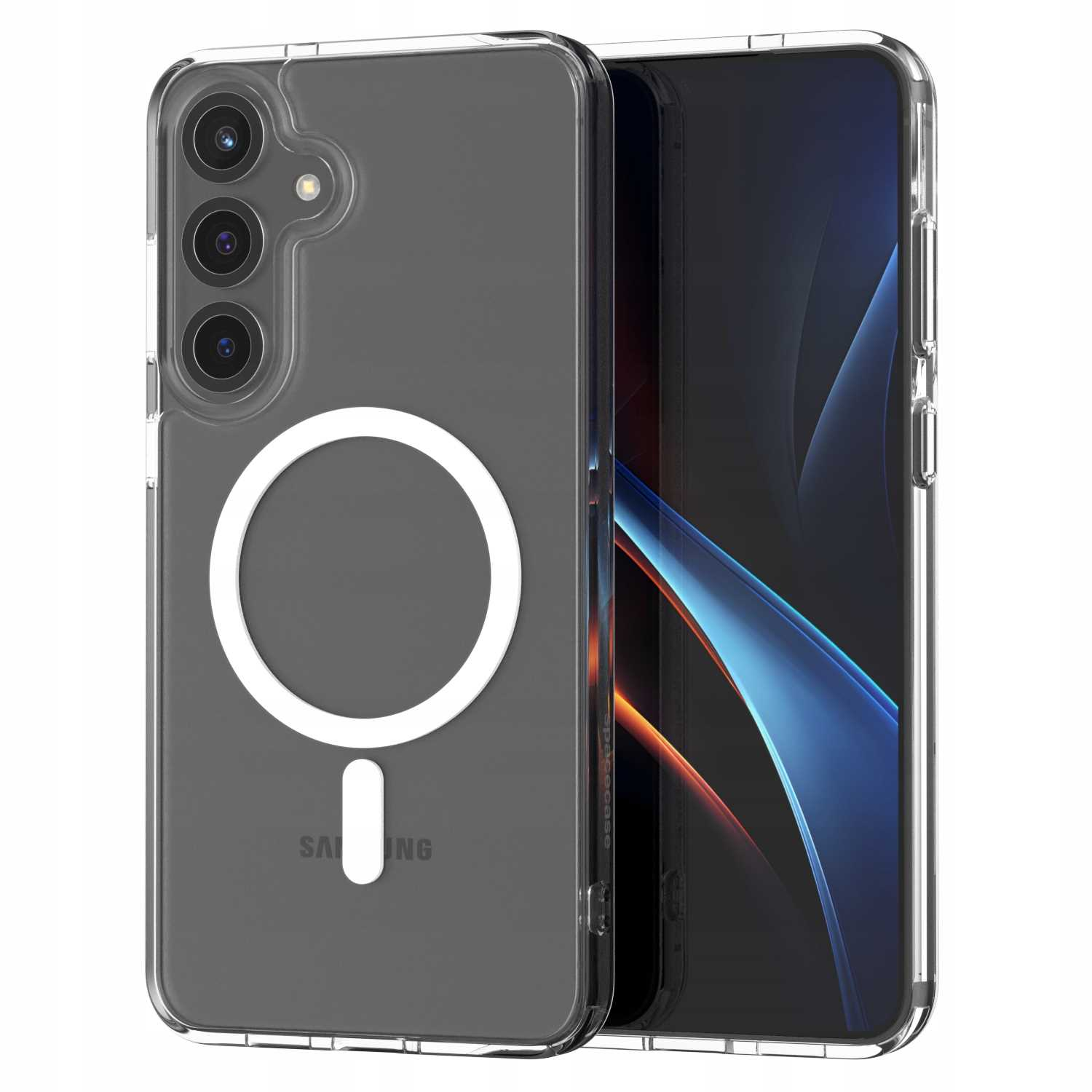 Przezroczyste etui z białym pierścieniem i czarnym telefonem w środku. Telefon to Samsung. Etui ma magnetyczny pierścień.