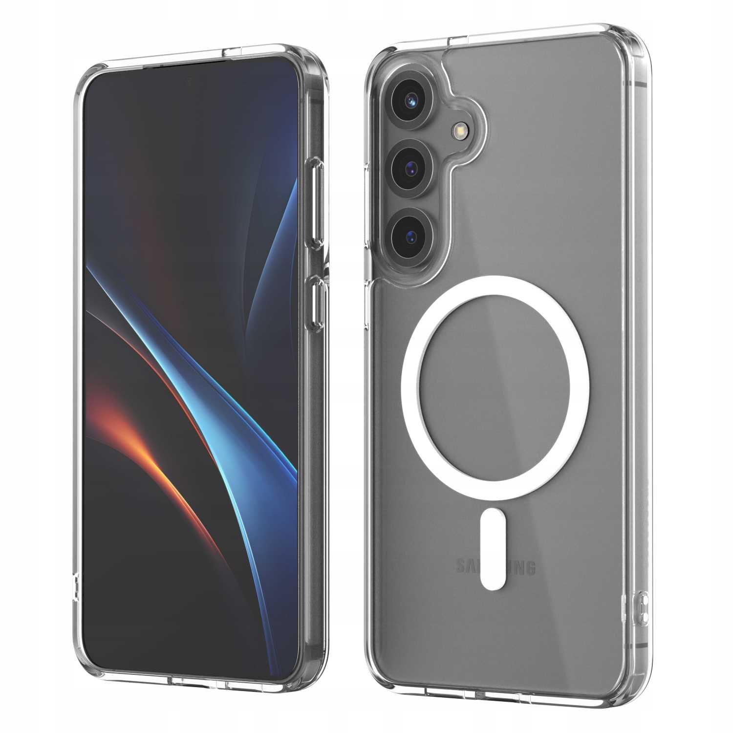 Telefon i przezroczyste etui. Etui ma biały okrąg i linię i jest na telefonie.