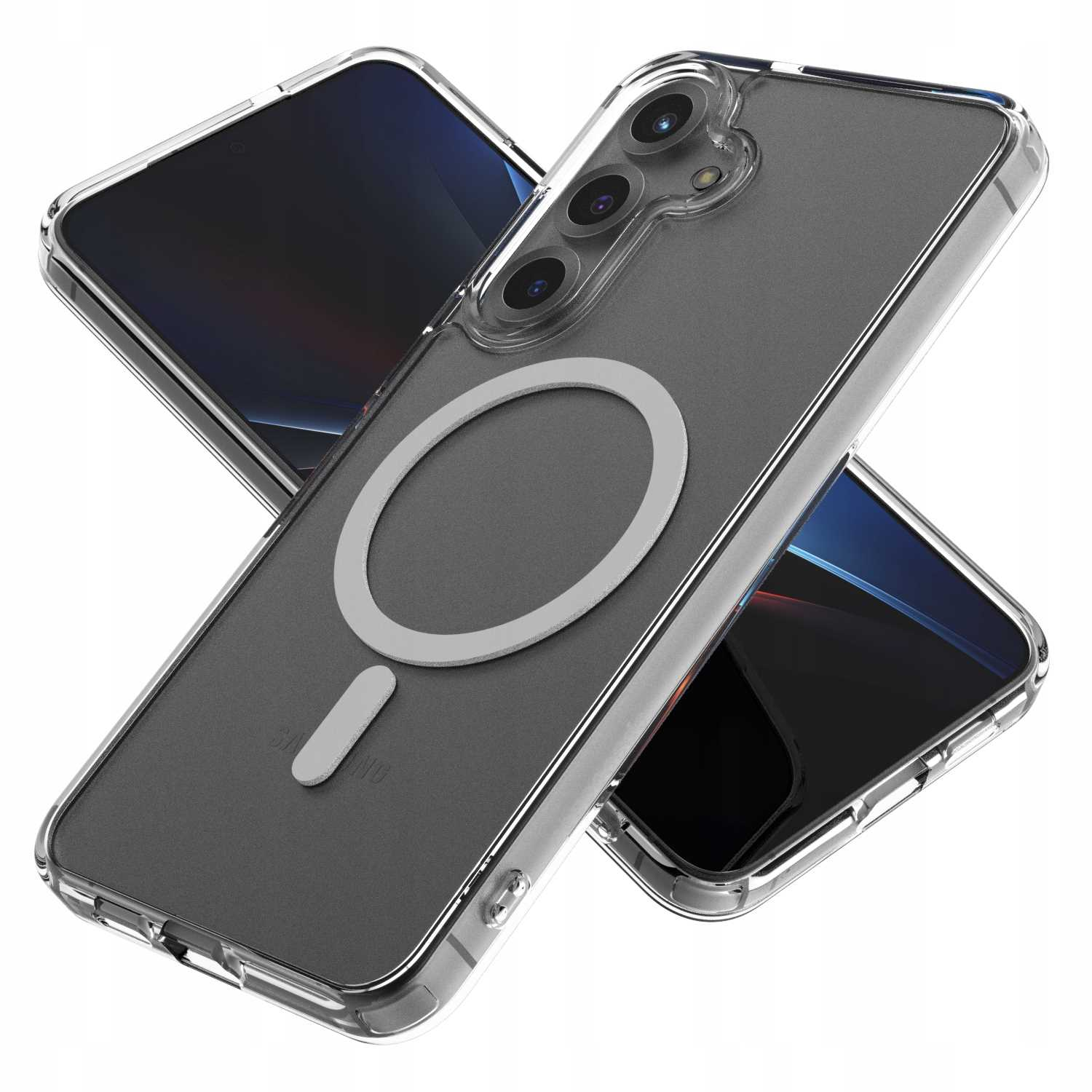 Etui na telefon z telefonem w środku, pokazujące aparat. Telefon w tle jest częściowo widoczny.