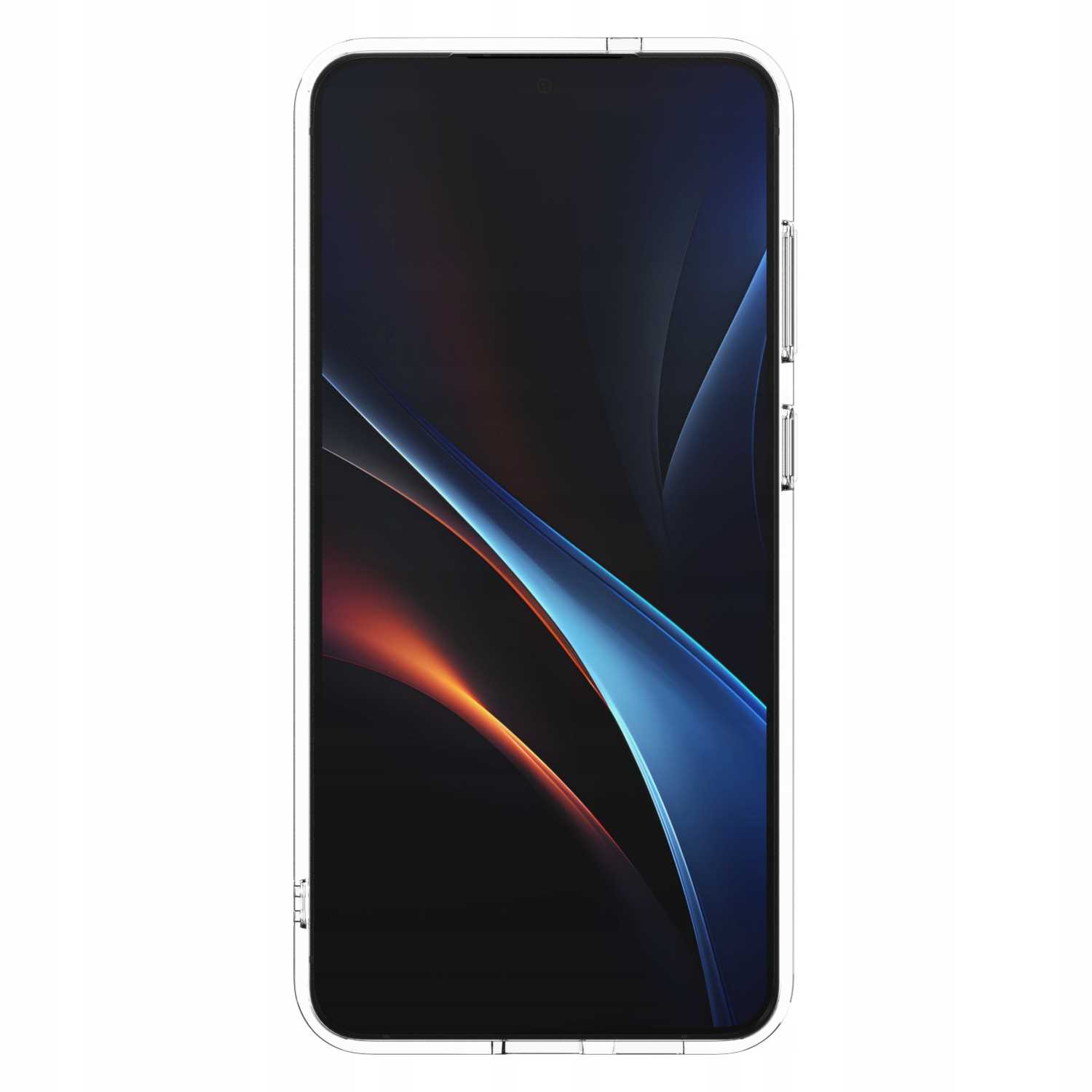 Przezroczyste etui na telefon z telefonem w środku. Telefon pokazuje ciemne tło z niebieskimi i pomarańczowymi kształtami.