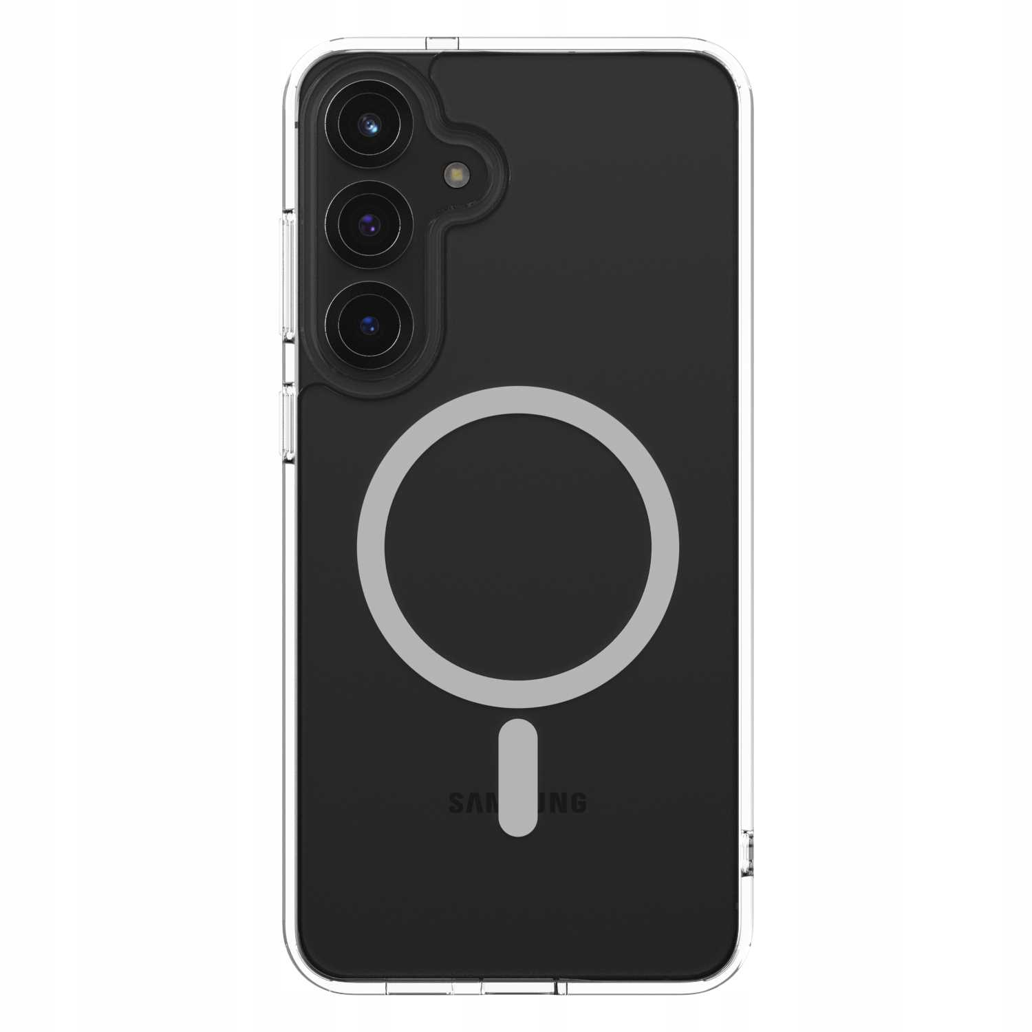 Przezroczyste etui na telefon z telefonem w środku. Telefon jest czarny. Etui ma magnetyczny pierścień, a logo jest widoczne.