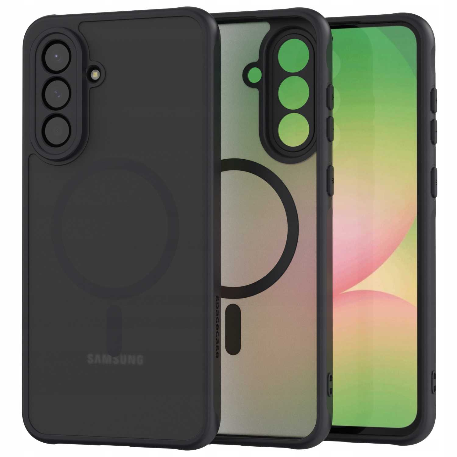 Trzy czarne etui na telefon. Dwa są po lewej stronie, a jedno po prawej. Prawy telefon pokazuje zielony ekran.