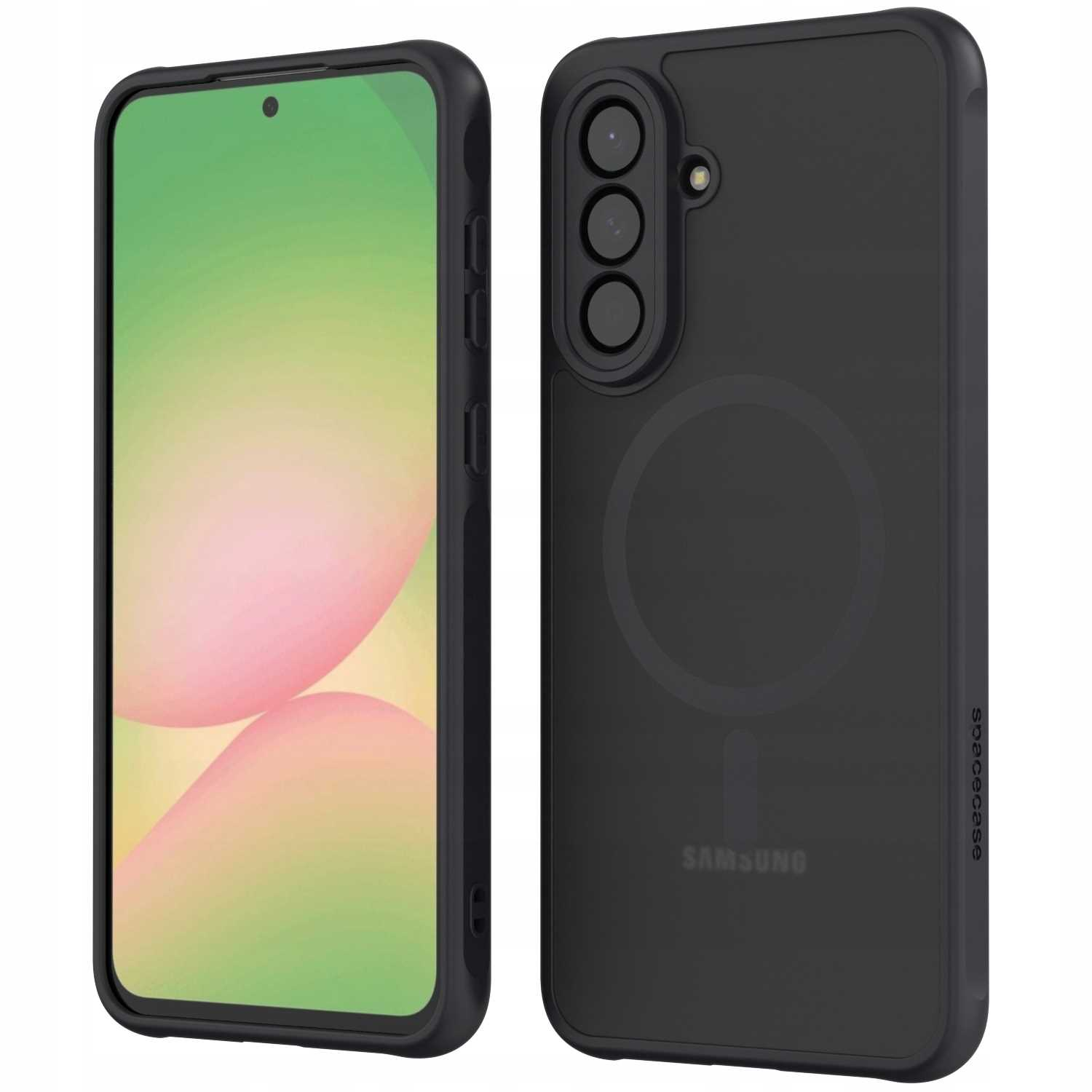 Czarne etui na telefon, jedno pokazuje ekran z kolorowym tłem i logo Samsung.