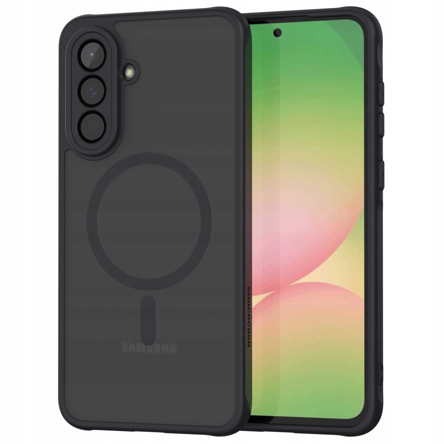 Czarne etui z magnetycznym pierścieniem i wycięciami na aparat, nad telefonem.