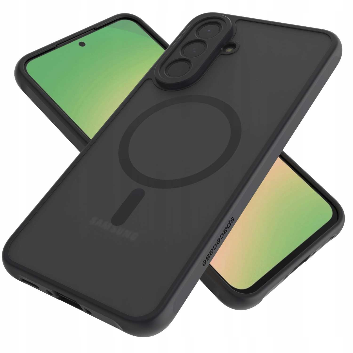 Czarne etui na telefon z logo Samsung i szarym okręgiem magnetycznym, prezentacja telefonu.