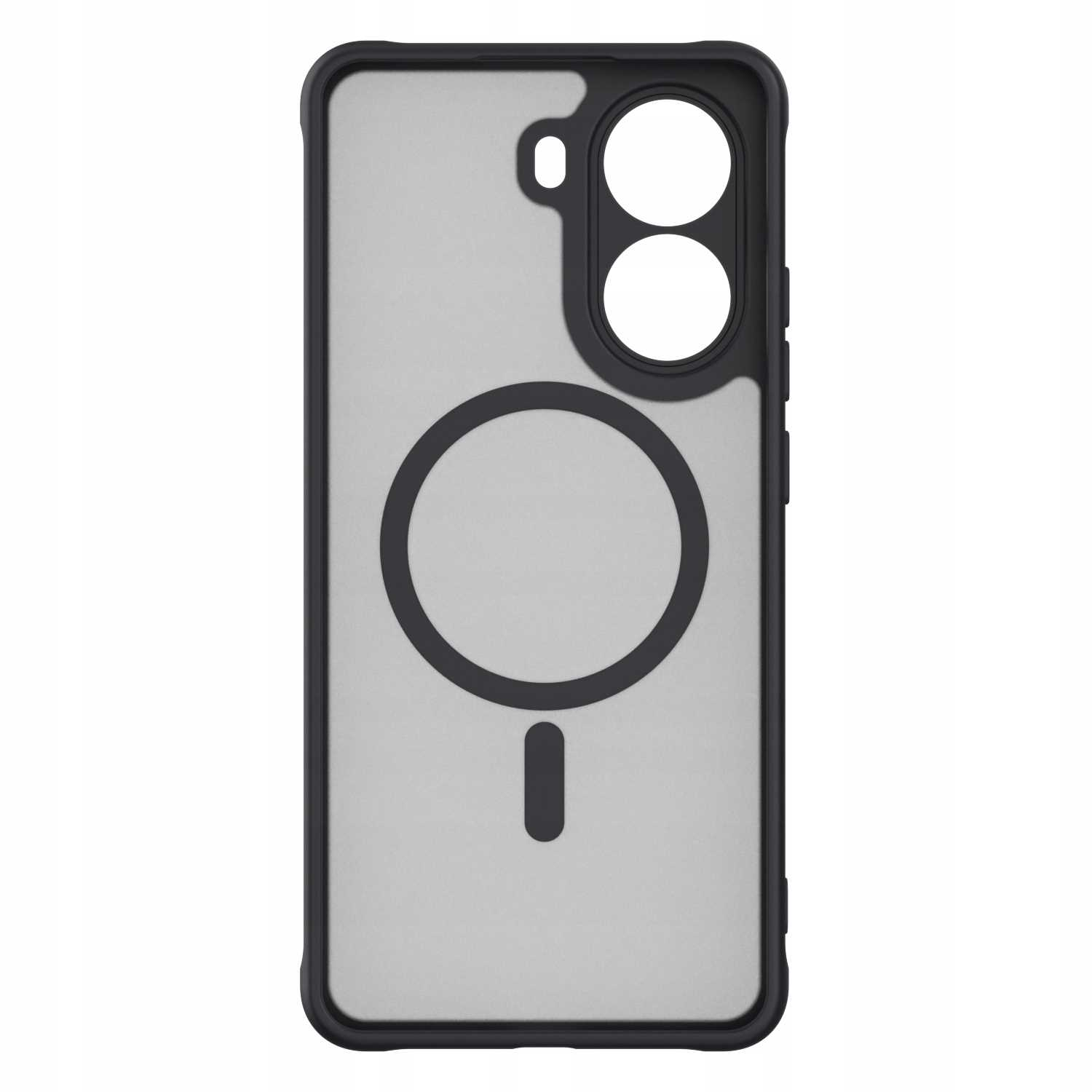 Czarne etui na telefon z szarym tyłem, czarnym okręgiem magnetycznym, prezentacja telefonu.