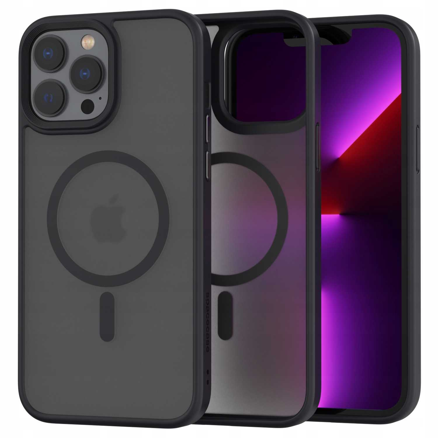 Czarne etui na telefon, szary tył z fioletowym pierścieniem. iPhone z czarnym etui.