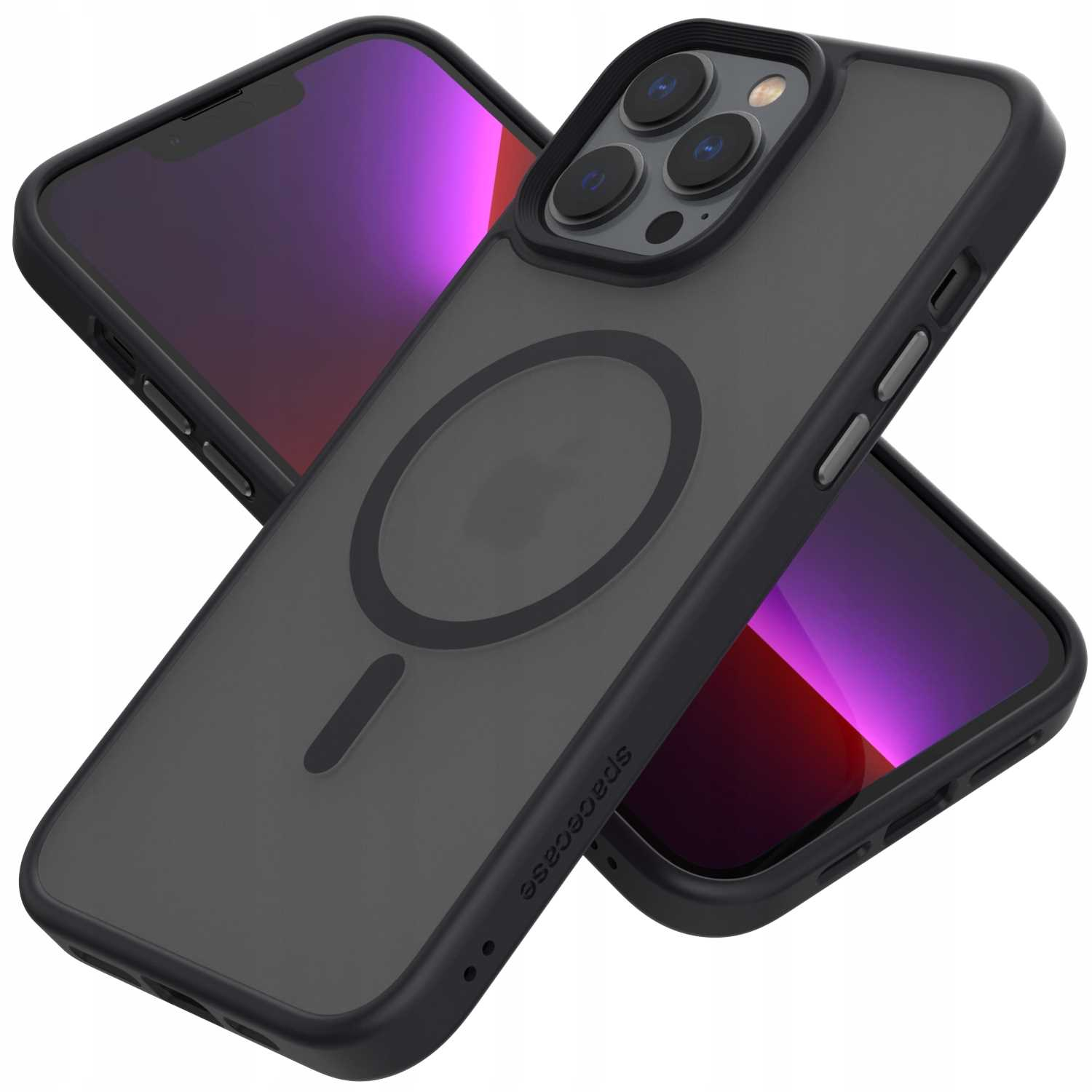 Telefon i etui. Etui jest czarne, z okręgiem i linią. Telefon ma fioletowy ekran.