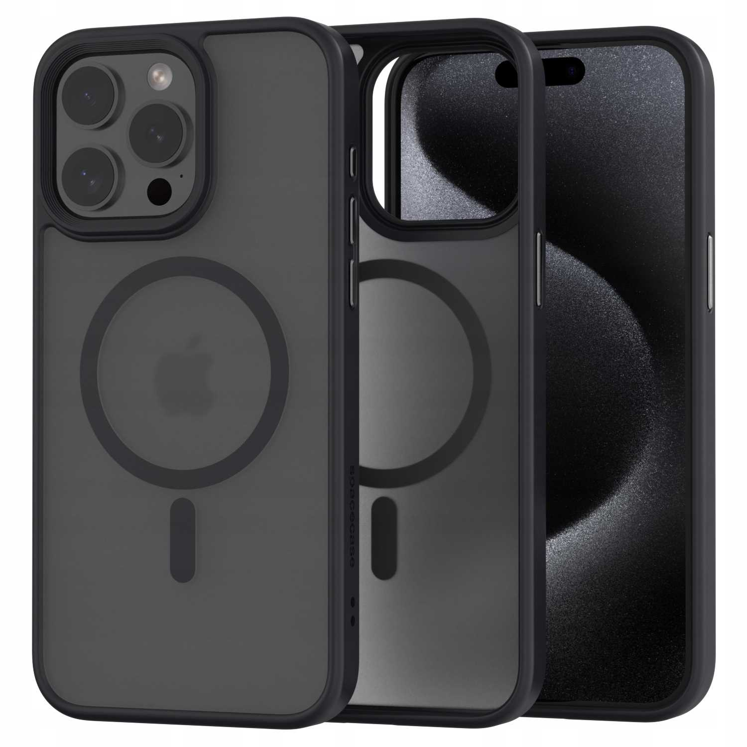 Trzy etui na telefon: etui z czarną krawędzią, etui z telefonem w środku i telefon. Wszystkie z logo Apple.
