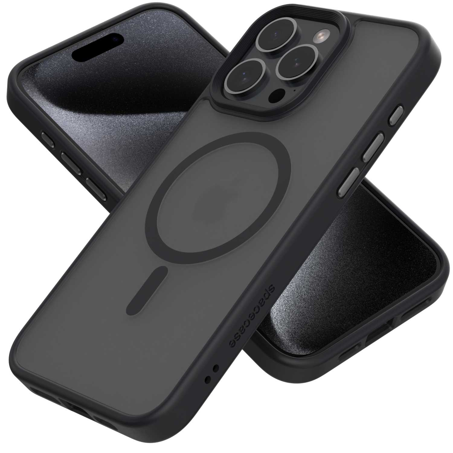 Dwa etui na telefon. Czarna ramka z szarym tyłem. Jedno na drugim pod kątem. Etui mają okrąg.