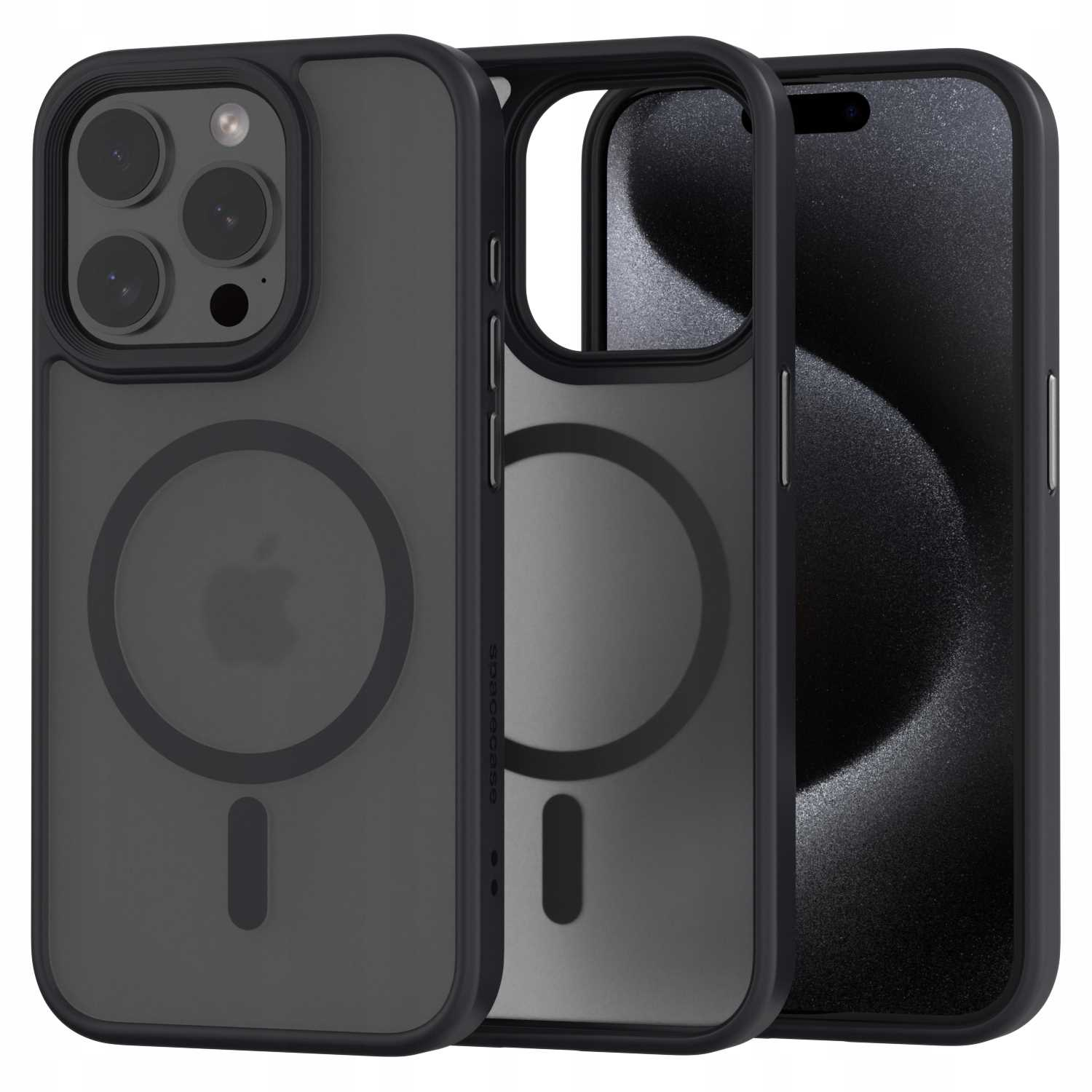 Trzy etui na telefon, jedno po prawej zakrywa telefon. Czarny, z okręgiem.