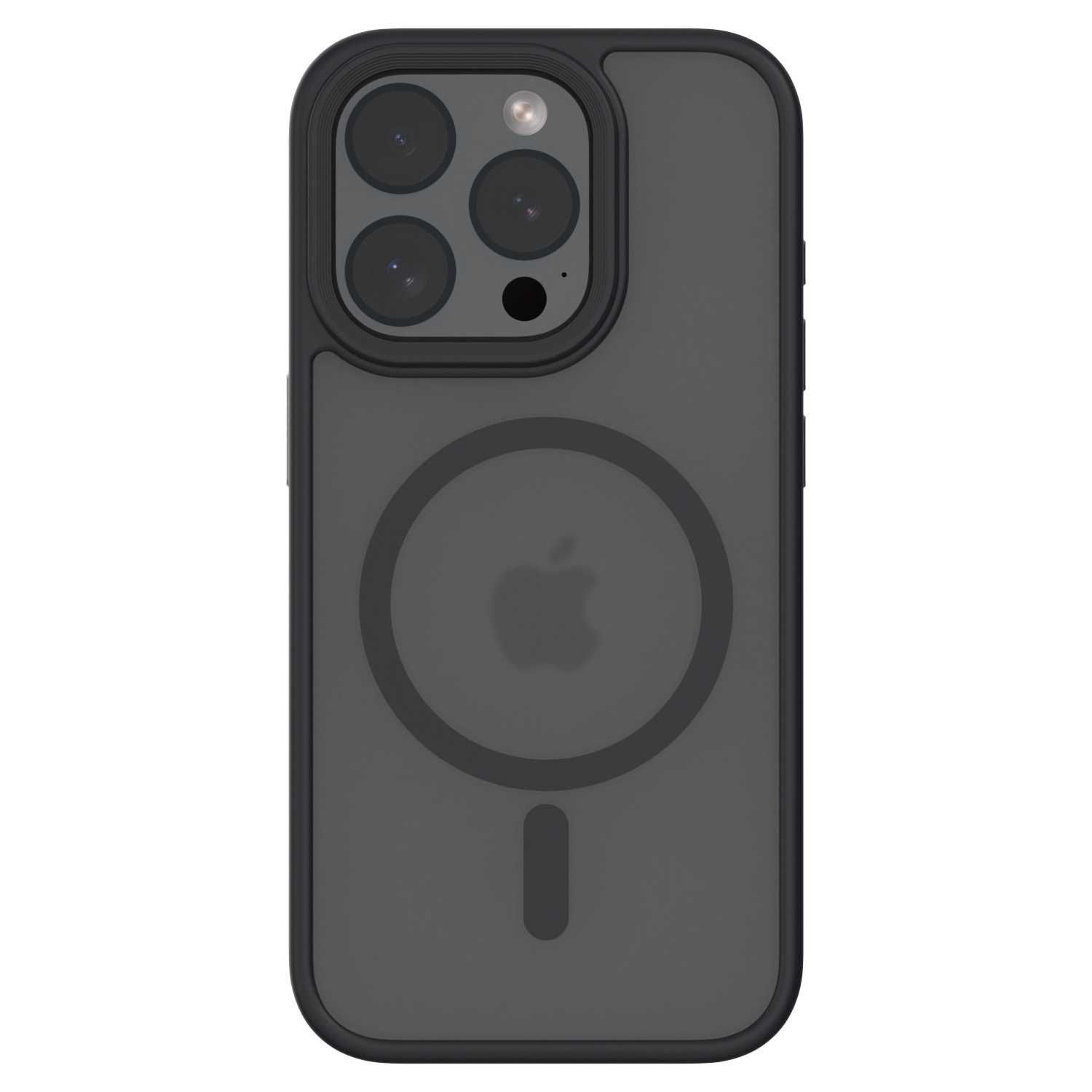 Czarne etui na telefon z trzema aparatami i okręgiem z logo Apple. Etui zakrywa telefon.